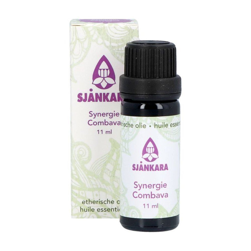 Flacon d'huile Sjankara Combava Synergie et emballage. Flacon avec bouchon noir, 11 ml. Emballage avec logo et informations.