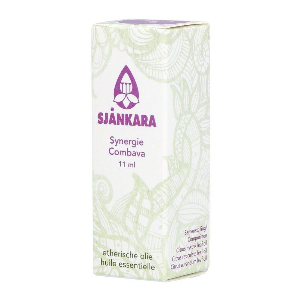 Emballage Sjankara Combava Synergie. Logo, nom du produit, 11 ml. Ingrédients et texte: 'huile essentielle'.