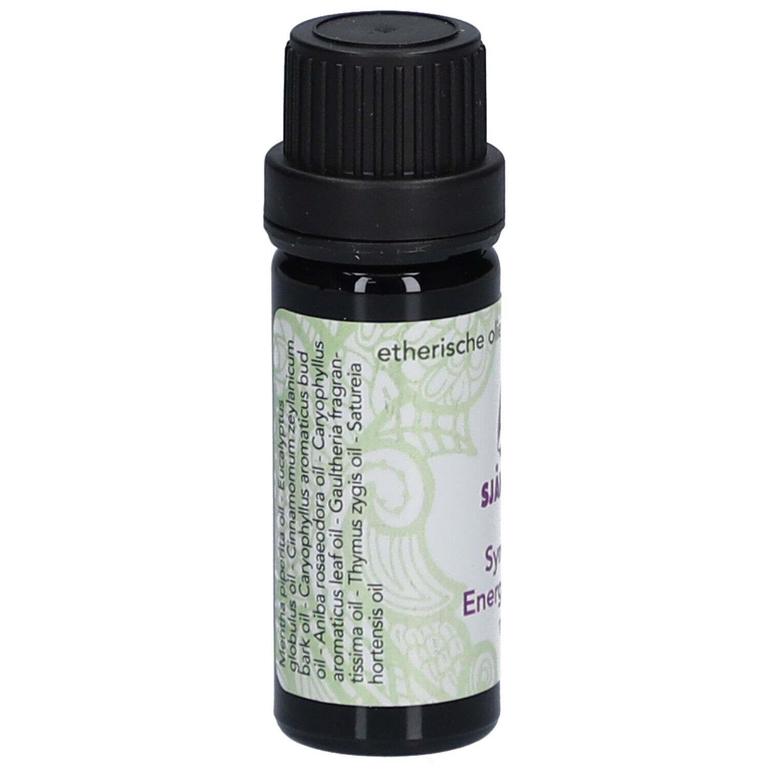 Arrière d'une bouteille d'huiles essentielles. Liste des ingrédients et informations produit sur l'étiquette.