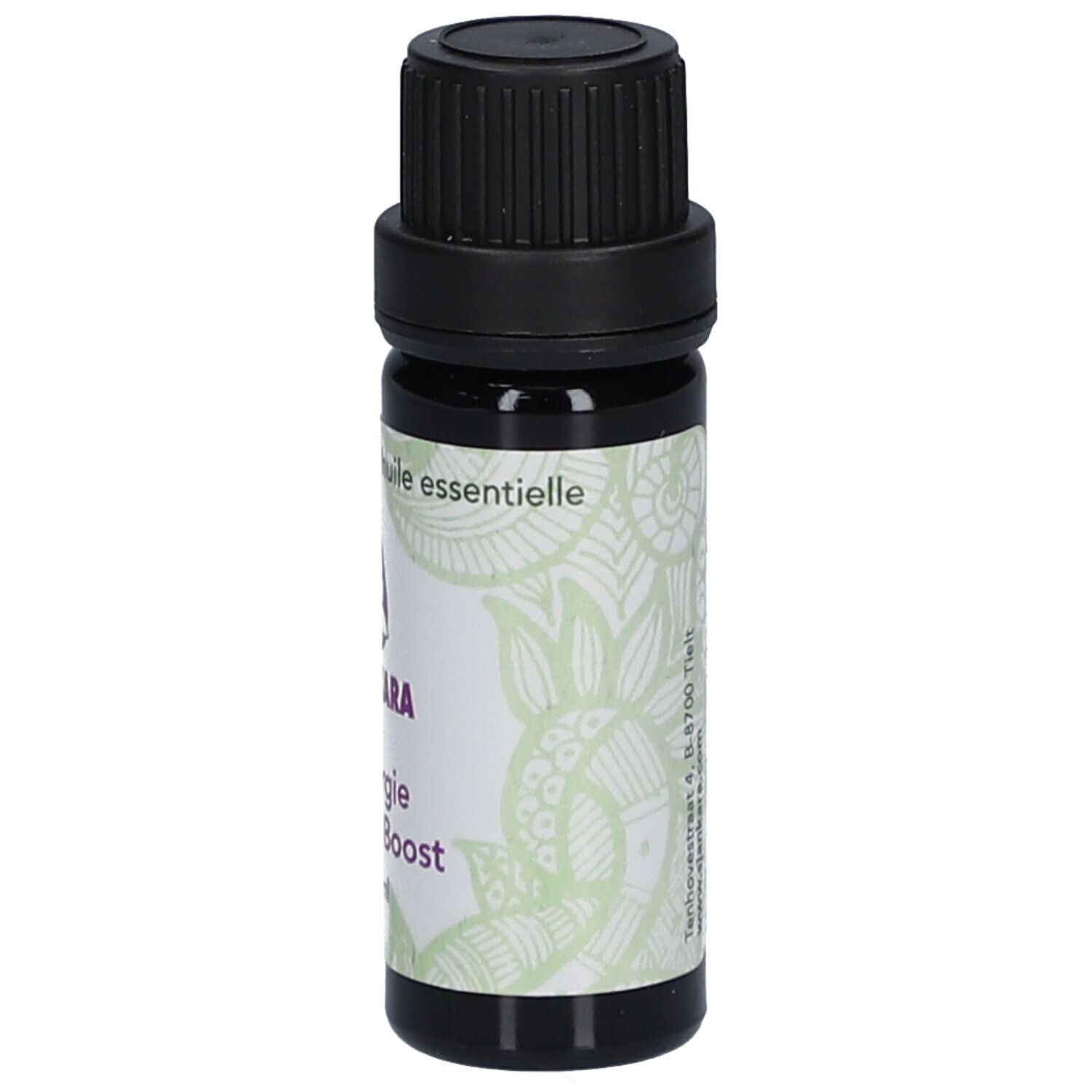 Bouteille d'huiles essentielles. Étiquette avec logo violet et nom du produit. Texte en allemand et français.