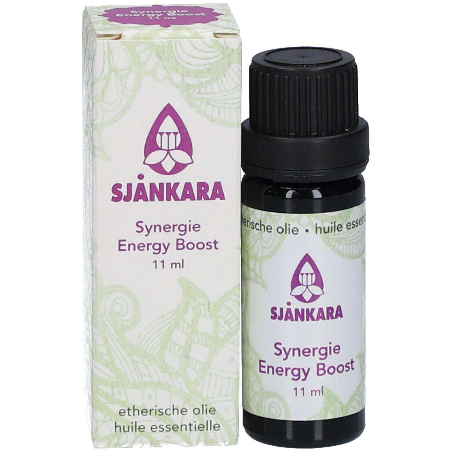 Bouteille de produit et emballage extérieur. Les deux montrent le logo violet, le nom du produit et 11 ml.
