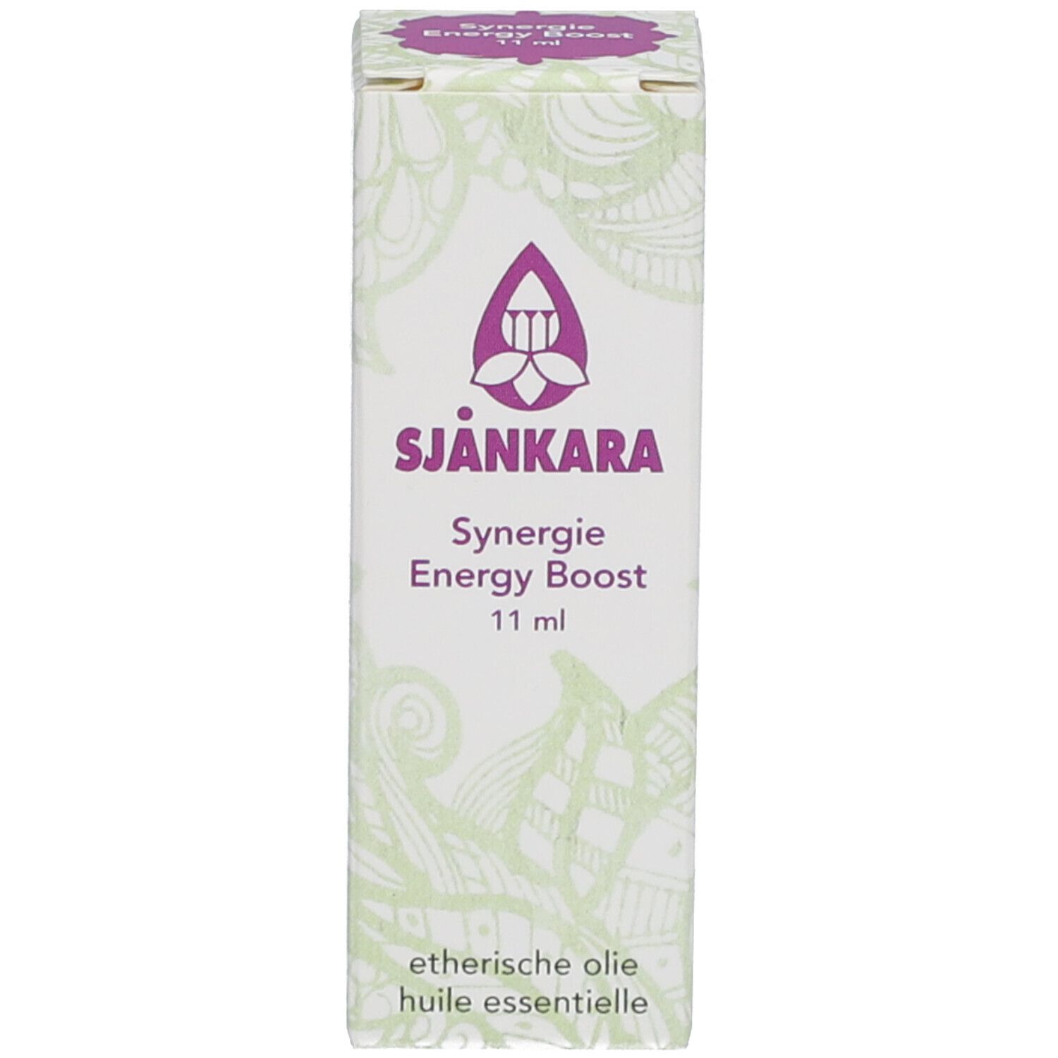 Emballage extérieur pour huiles essentielles. Montre le logo violet, le nom du produit et 11 ml. Texte en allemand et français.