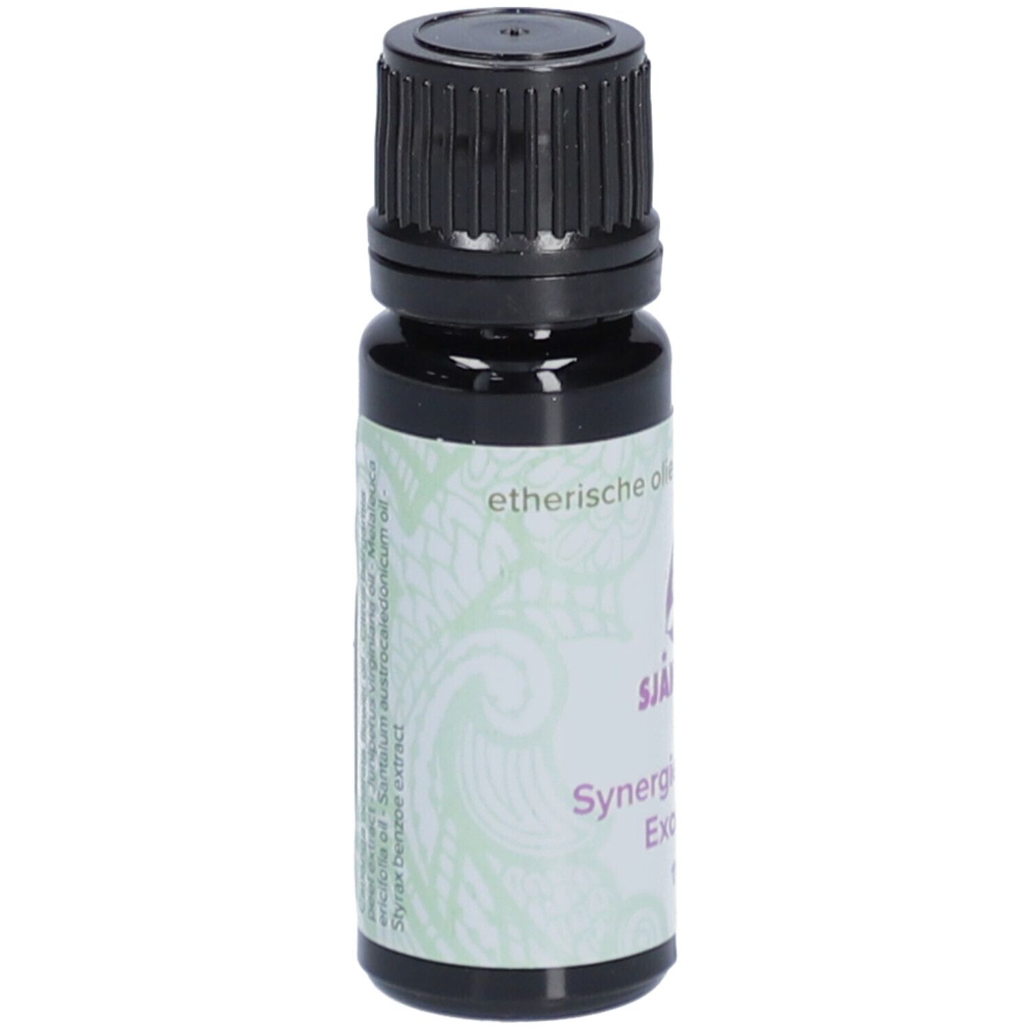 Flacon en verre brun foncé avec bouchon à vis noir. Étiquette "Sjankara Synergie Exotisch Exotique 11 ml".