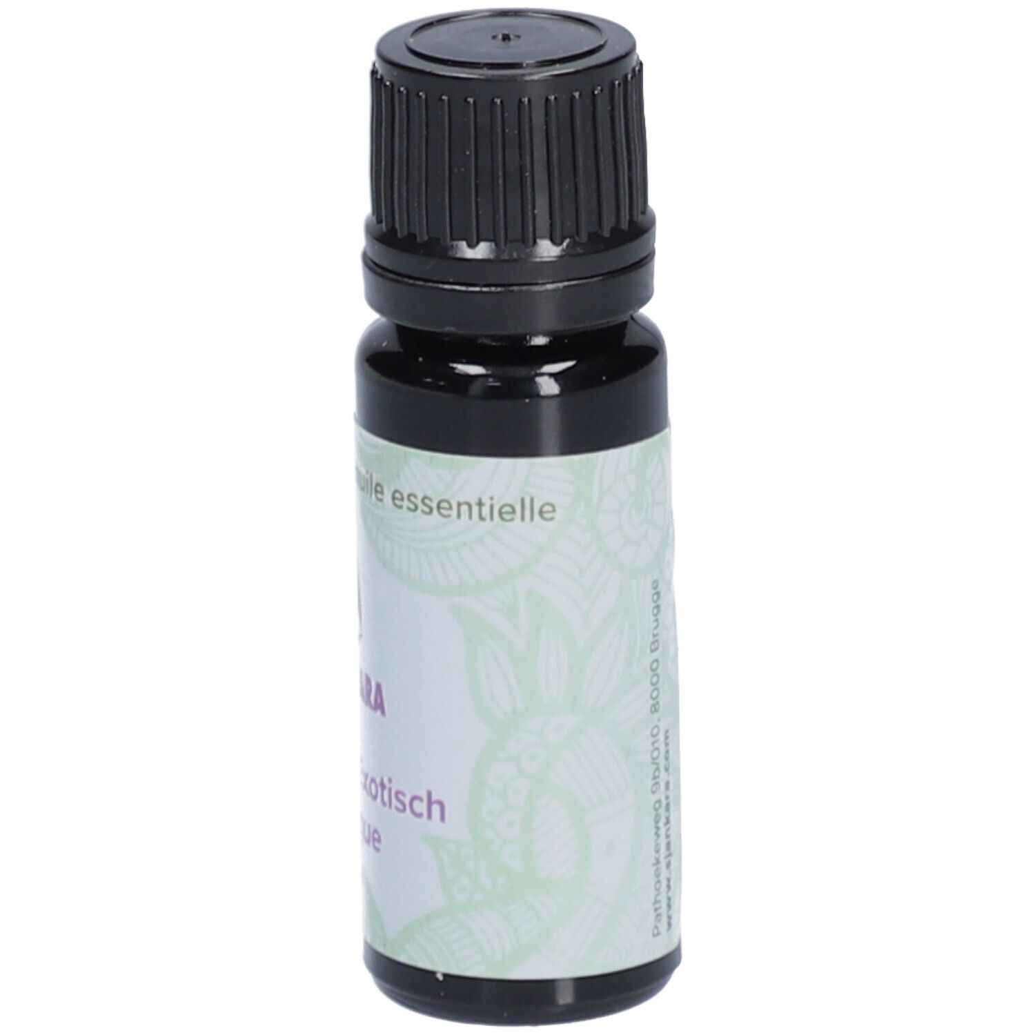 Flacon en verre brun foncé avec bouchon à vis noir. Étiquette "Sjankara Synergie Exotisch Exotique 11 ml".