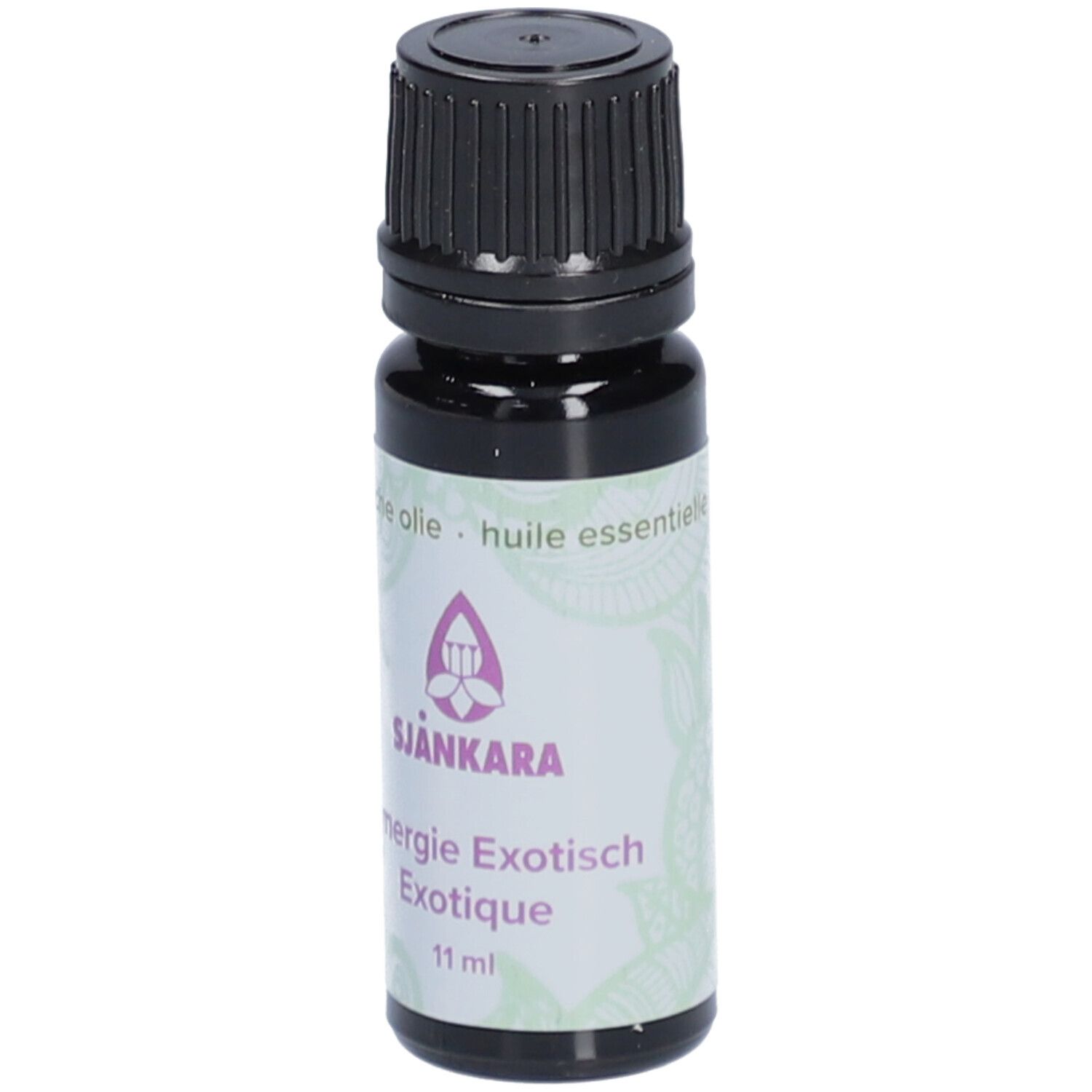 Flacon en verre brun foncé avec bouchon à vis noir. Étiquette "Sjankara Synergie Exotisch Exotique 11 ml".