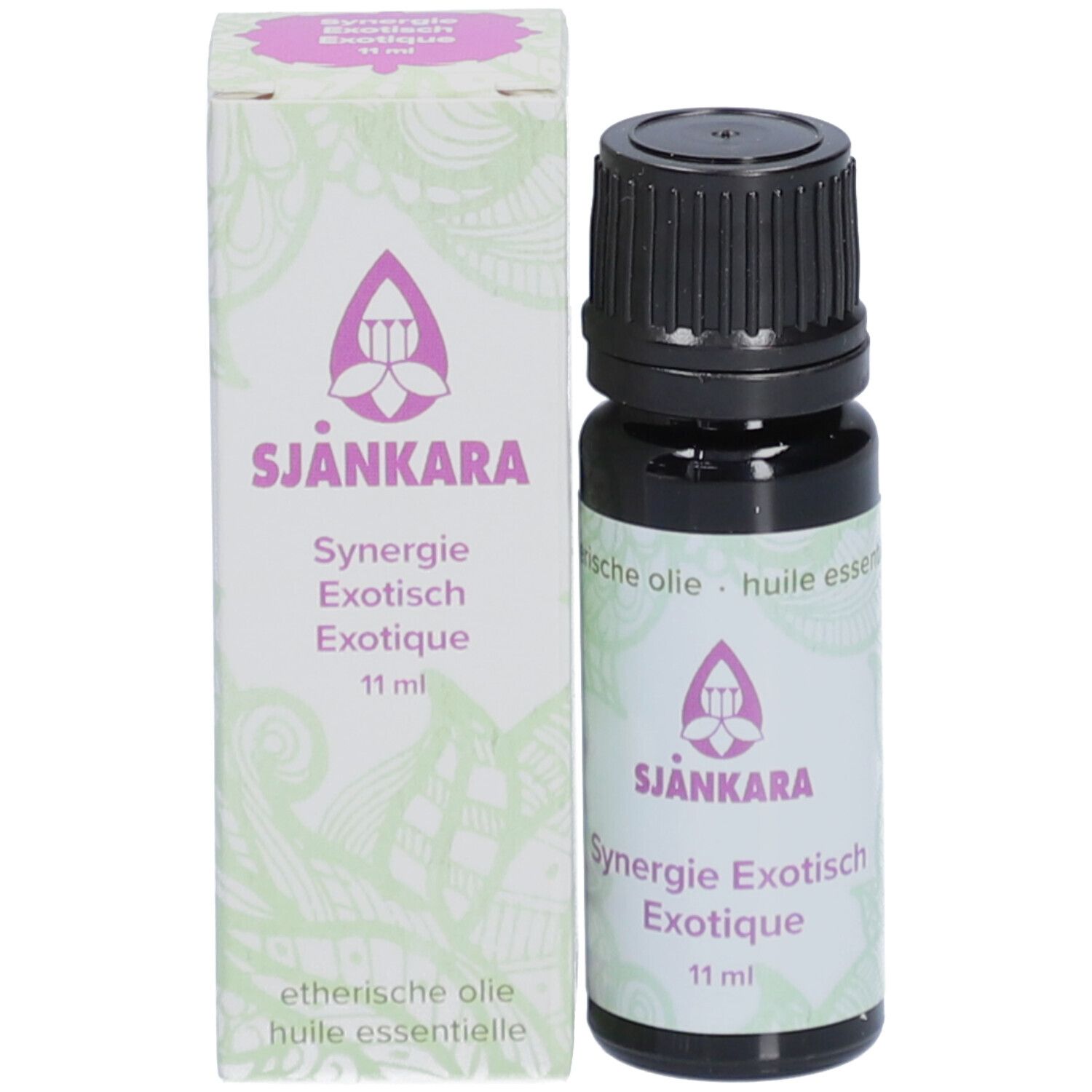 Flacon en verre brun foncé avec bouchon noir et emballage. Étiquette "Sjankara Synergie Exotisch Exotique 11 ml".