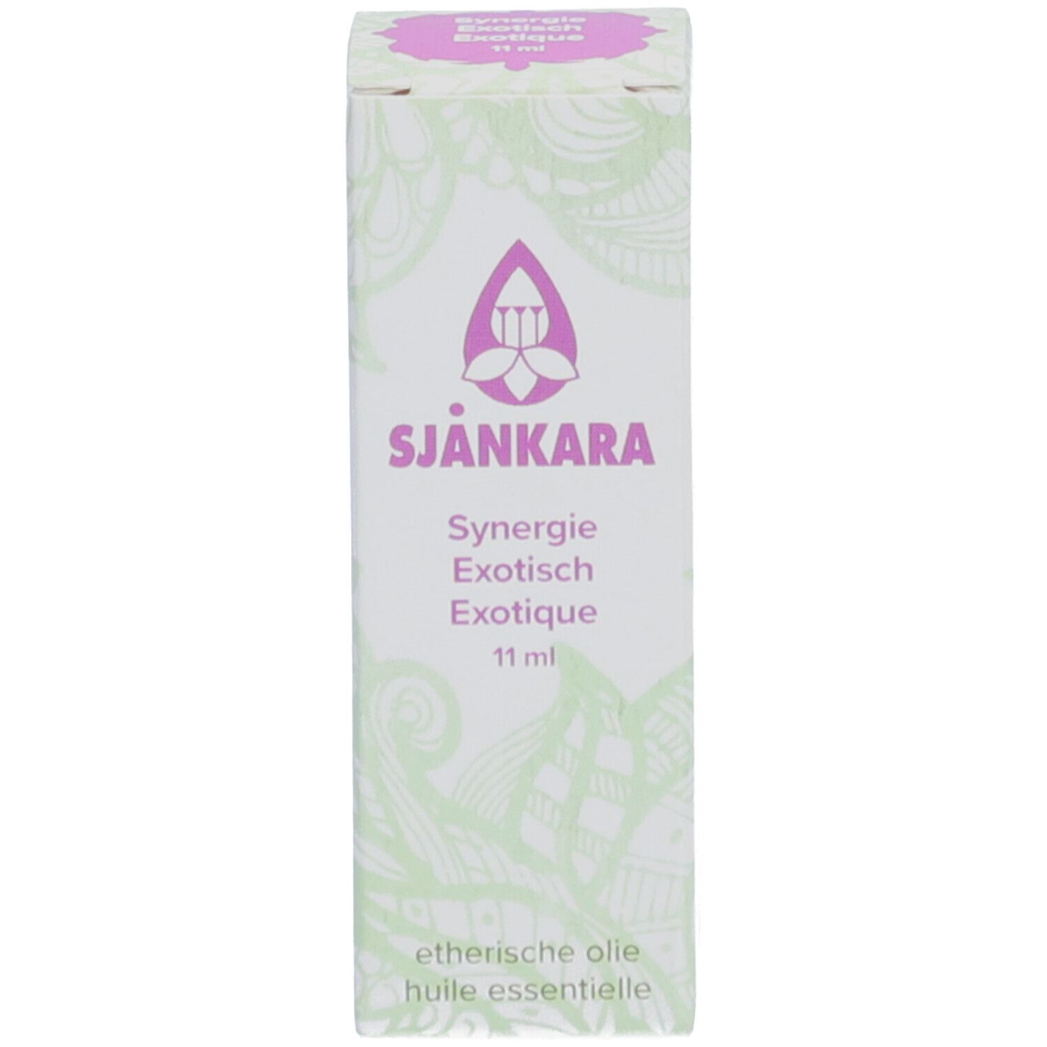 Emballage pour "Sjankara Synergie Exotisch Exotique 11 ml" avec motif floral.