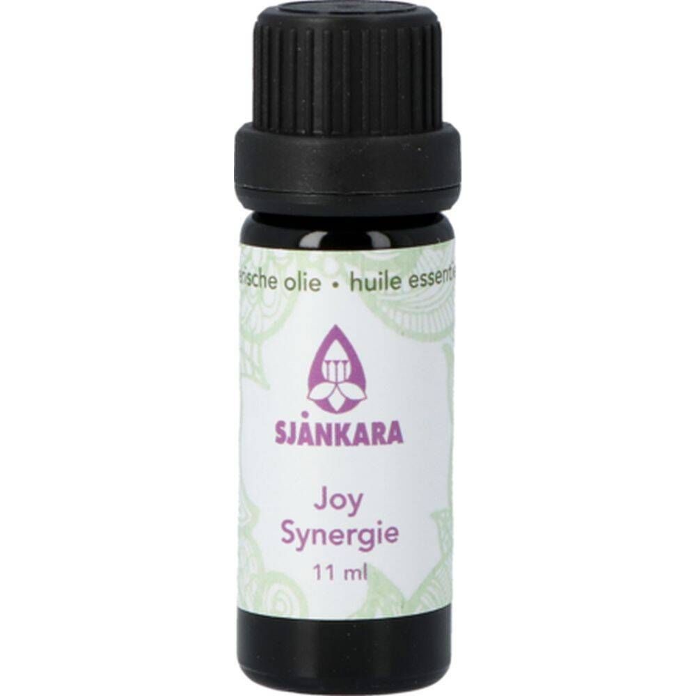 Flacon en verre brun avec bouchon noir. Étiquette avec logo violet et texte: Sjankara Joy Synergie 11 ml.