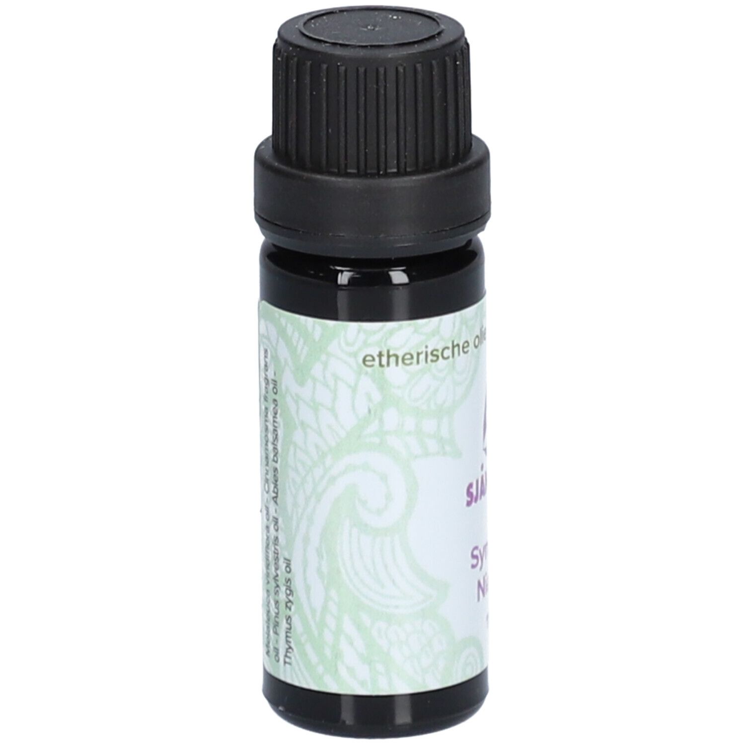 Bouteille en verre brun foncé avec bouchon à vis noir, étiquette avec motifs verts et texte.