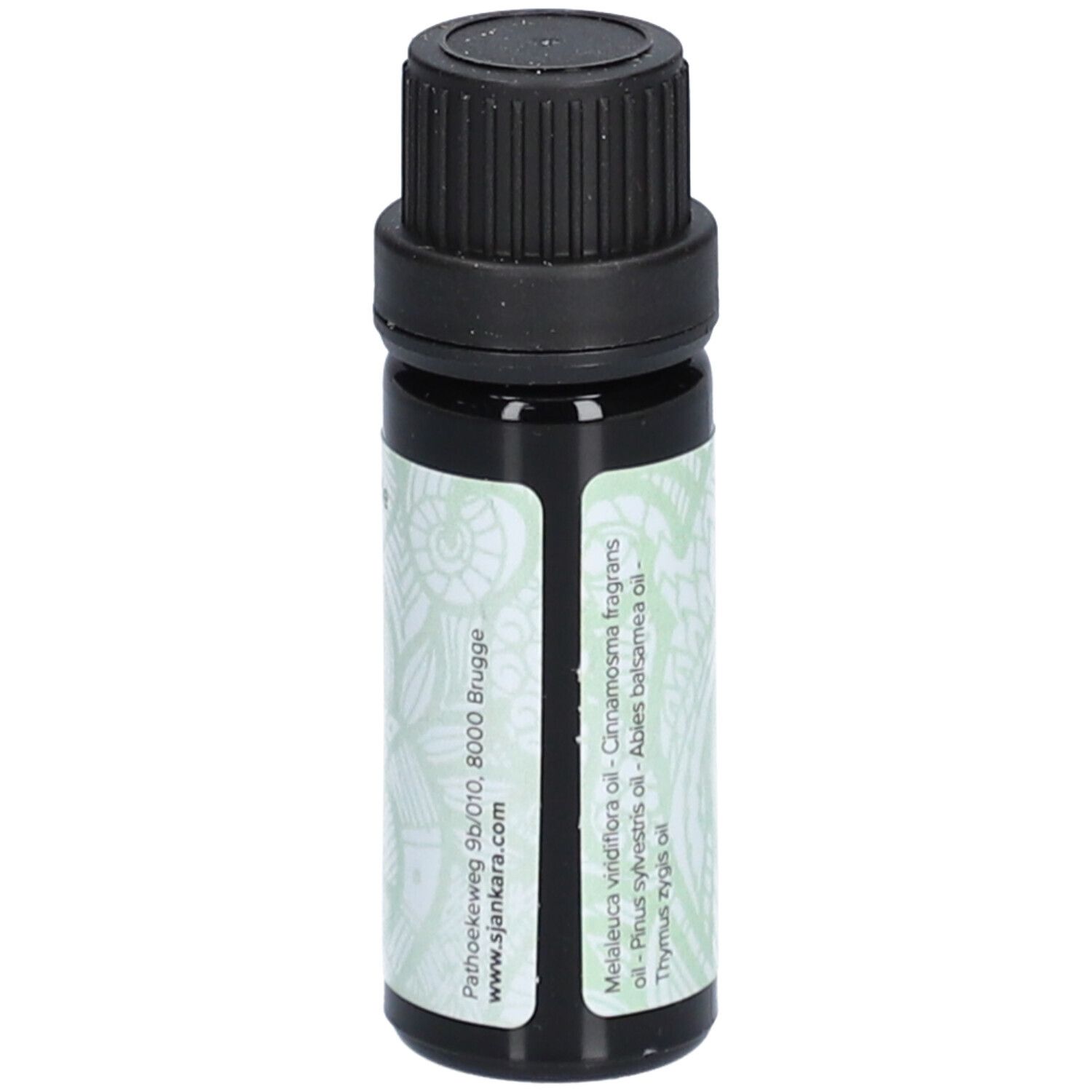 Flacon en verre vert foncé avec bouchon à vis noir. Contient des huiles essentielles comme Melaleuca, Cyprès et Thym.