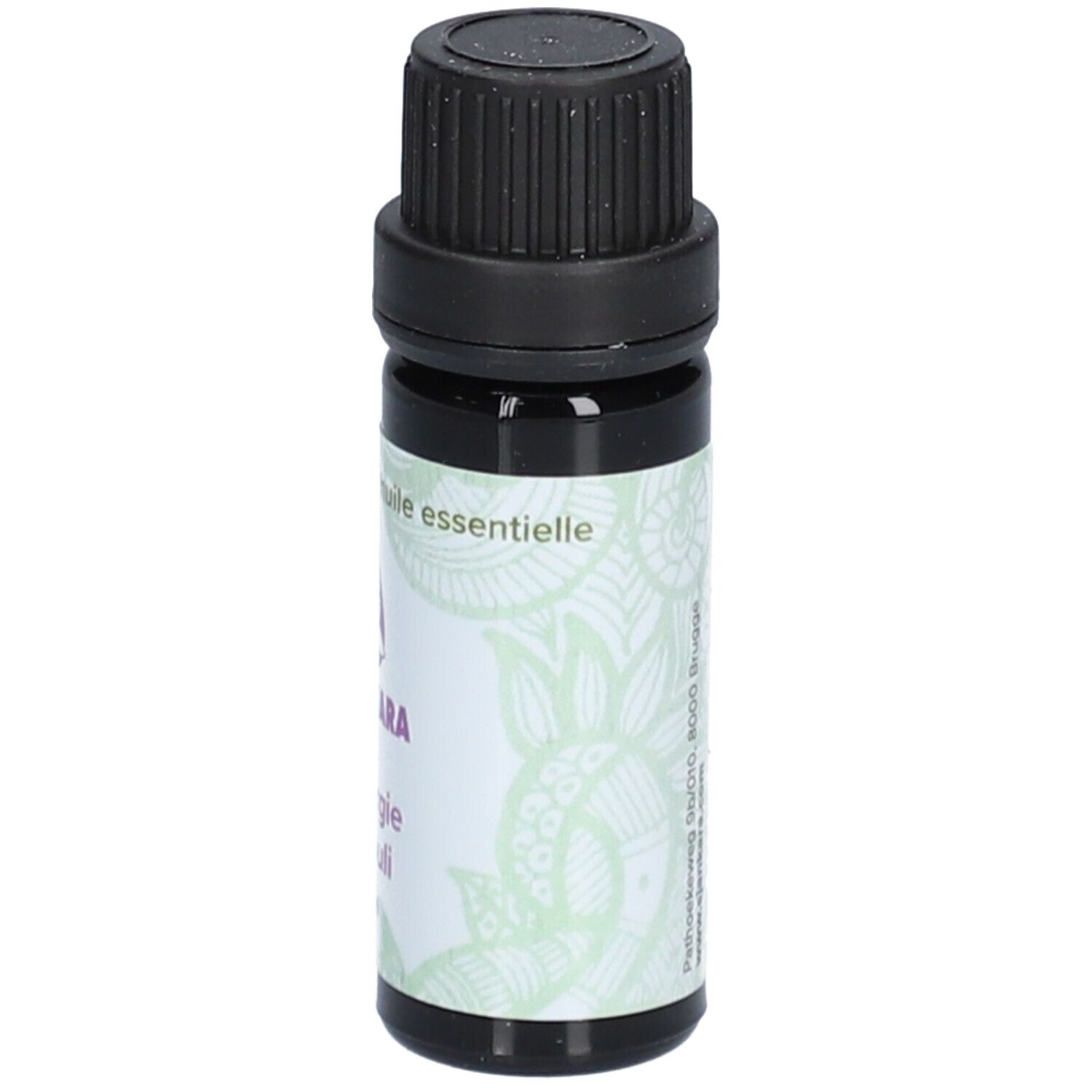Flacon en verre brun foncé avec bouchon à vis noir, étiquette avec motifs verts et texte.