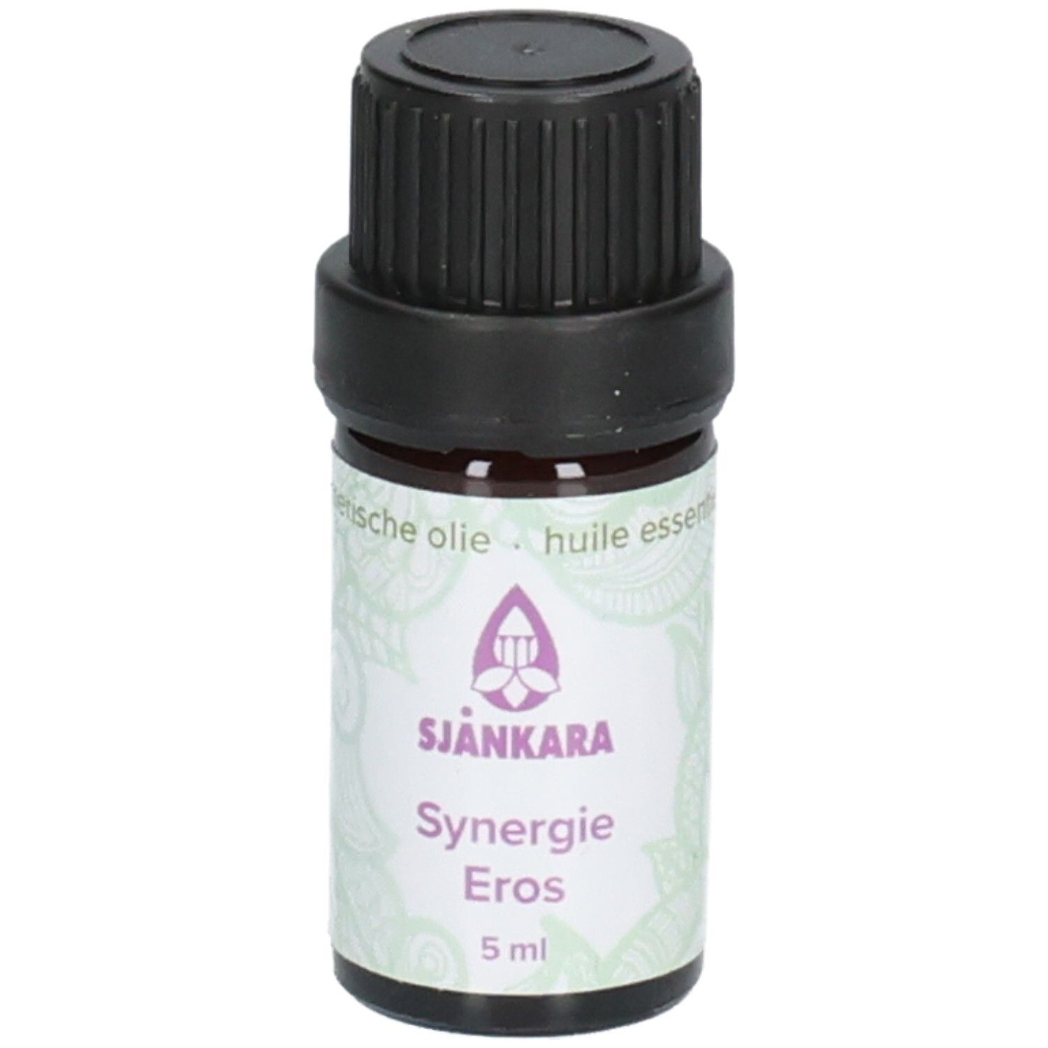 Flacon en verre brun foncé avec bouchon à vis noir. Huile essentielle Synergie Eros, 5 ml.