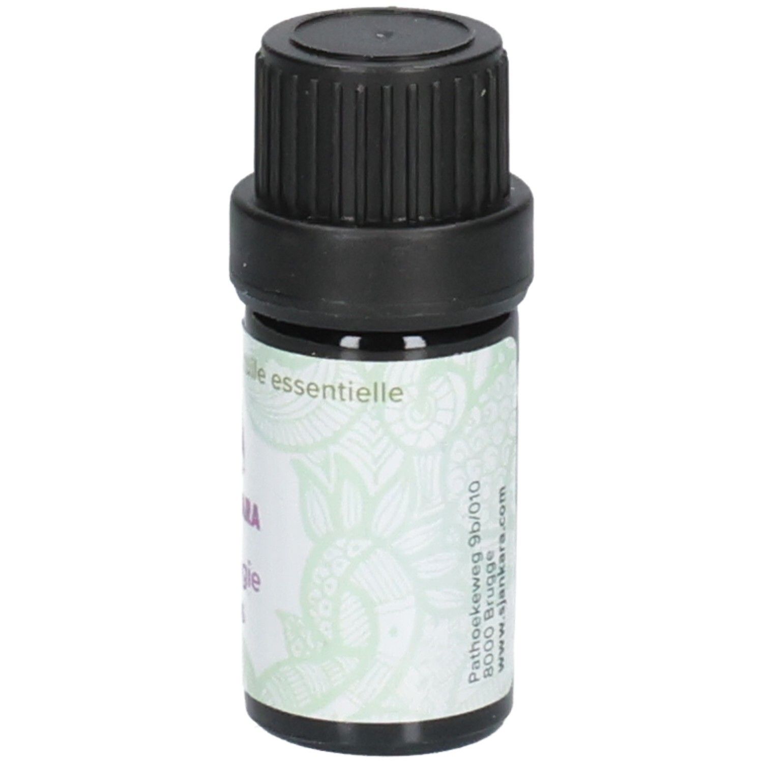 Flacon d'huile essentielle, vue latérale. Étiquette avec texte en plusieurs langues.