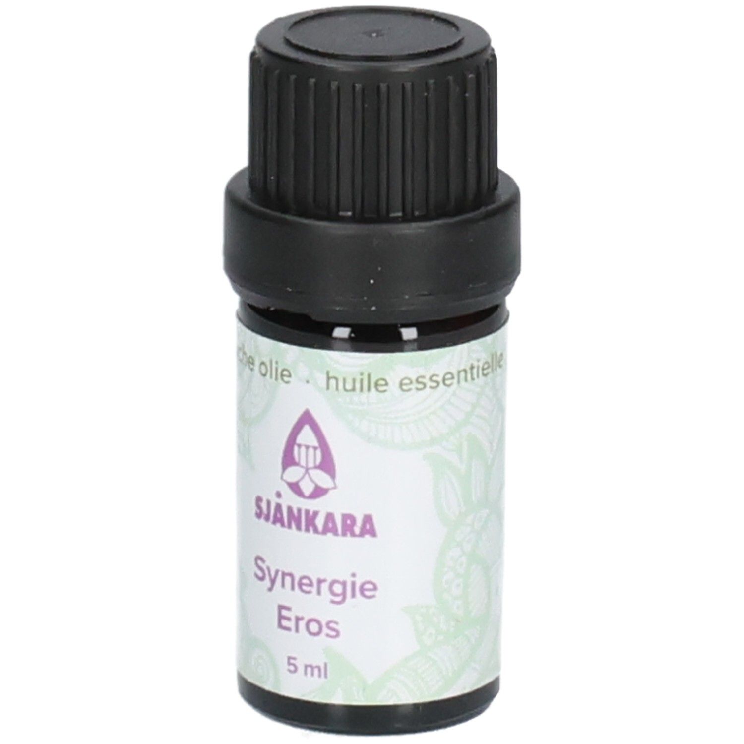 Flacon en verre brun foncé avec bouchon à vis noir. Huile essentielle Synergie Eros, 5 ml.