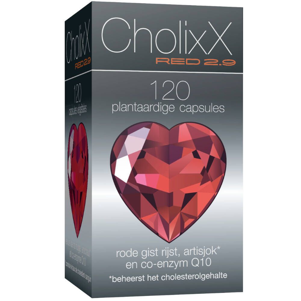 Boîte CholixX Red 2.9, 120 capsules. Design cœur rouge. Texte: levure de riz rouge, artichaut et co-enzyme Q10.