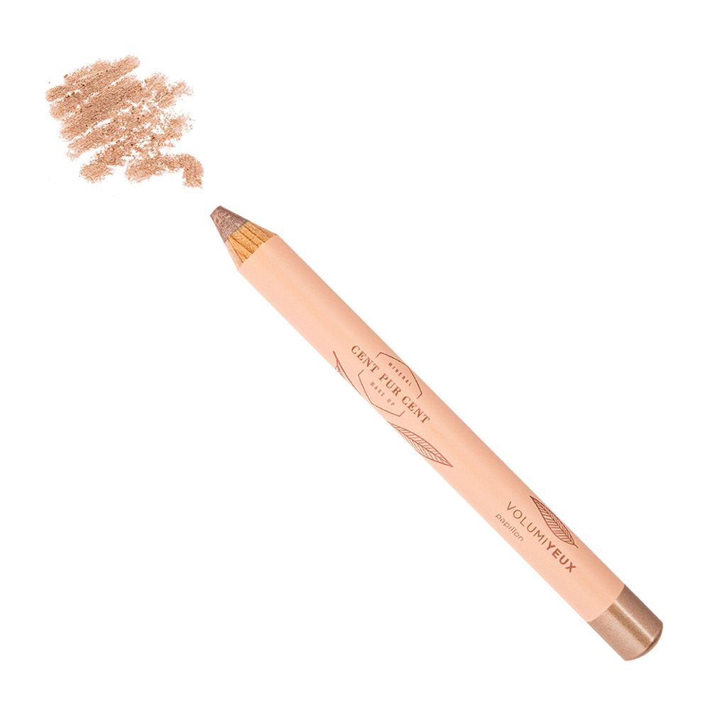 Crayon pour les yeux beige avec pointe dorée. Texte: CENT PUR CENT, VOLUMIYEUX. Test de trait.