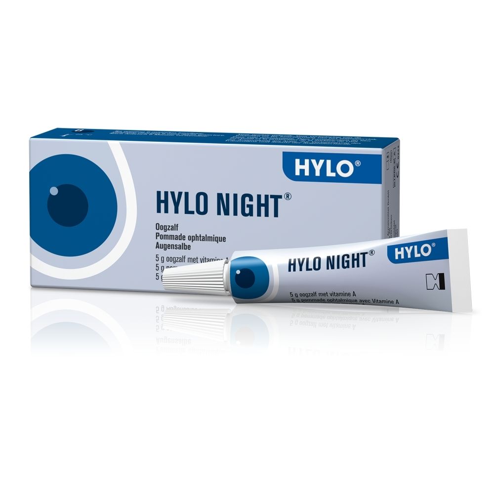 Boîte pliante de pommade ophtalmique HYLO NIGHT® 5g avec motif œil et informations produit.