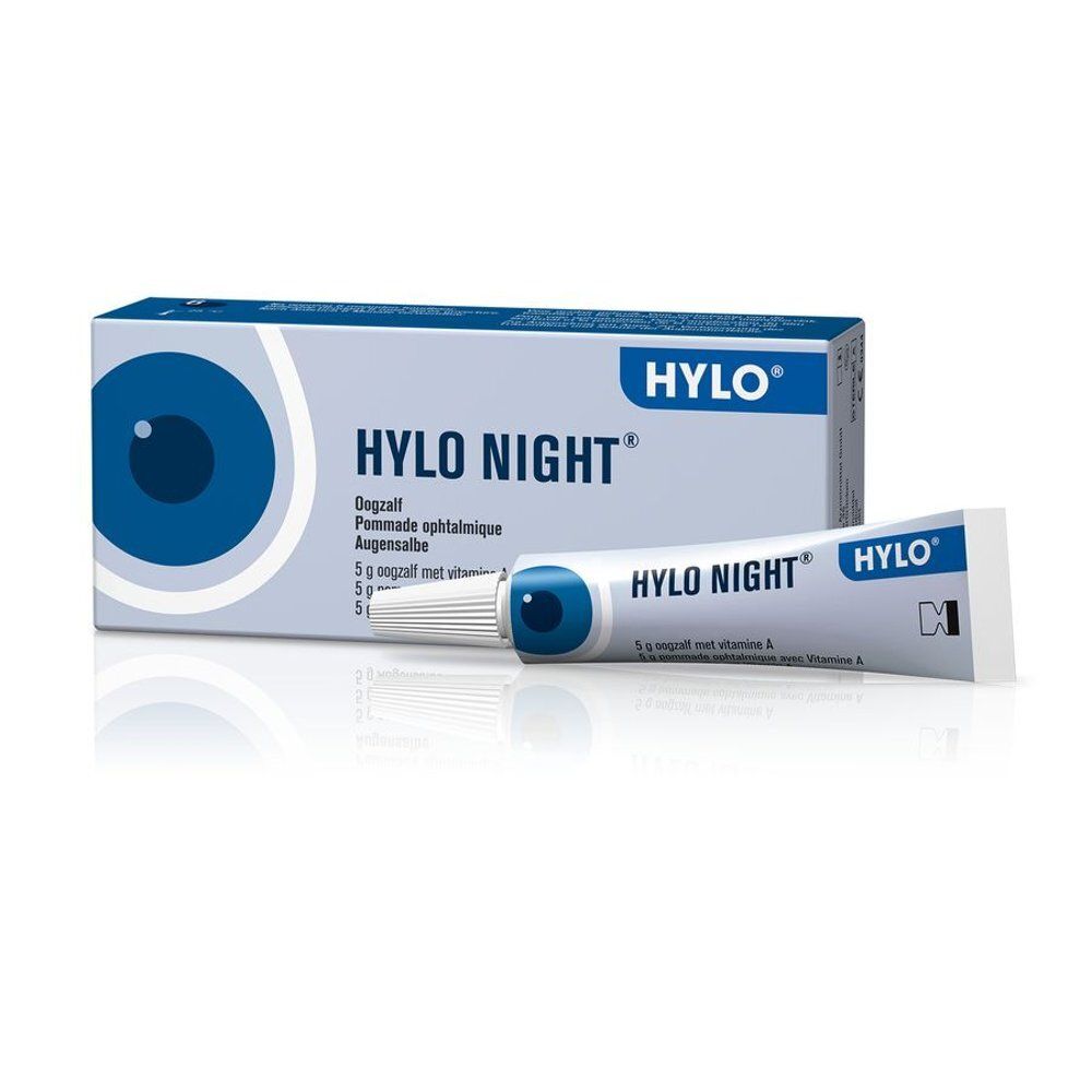 Boîte pliante de pommade ophtalmique HYLO NIGHT® 5g avec motif œil et informations produit.