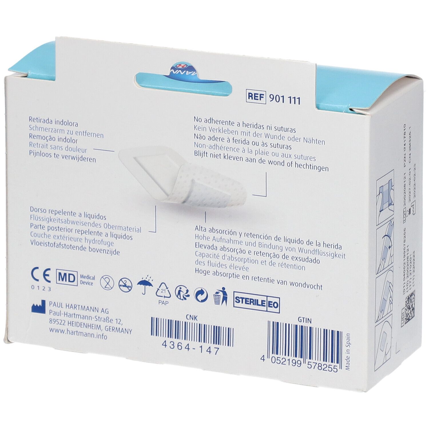 Dos de l'emballage Cosmopor silicone. Informations produit, adresse fabricant et certifications. Stérile.