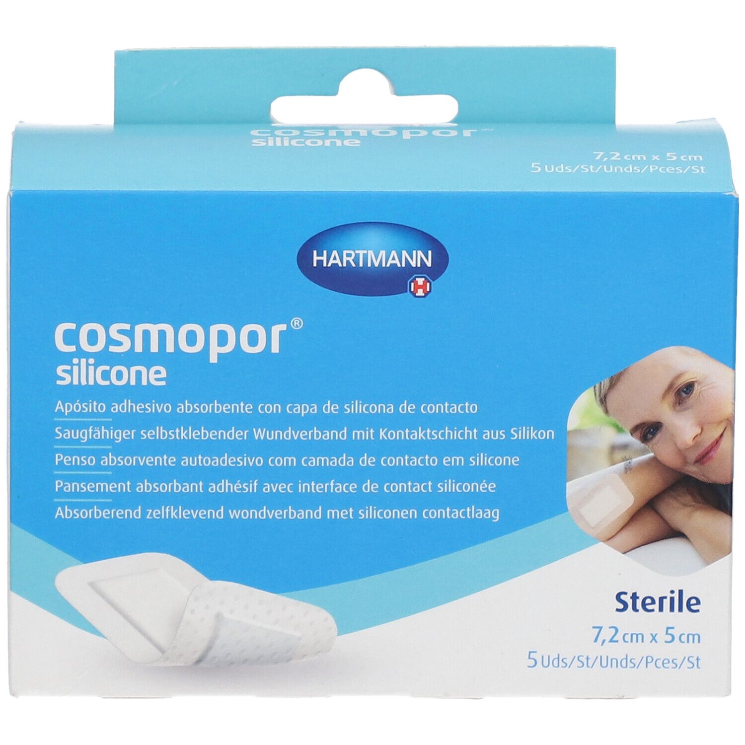 Boîte bleu et blanche de Cosmopor silicone. Contient 5 pansements stériles de 7,2x5cm. Marque Hartmann. Image du produit.