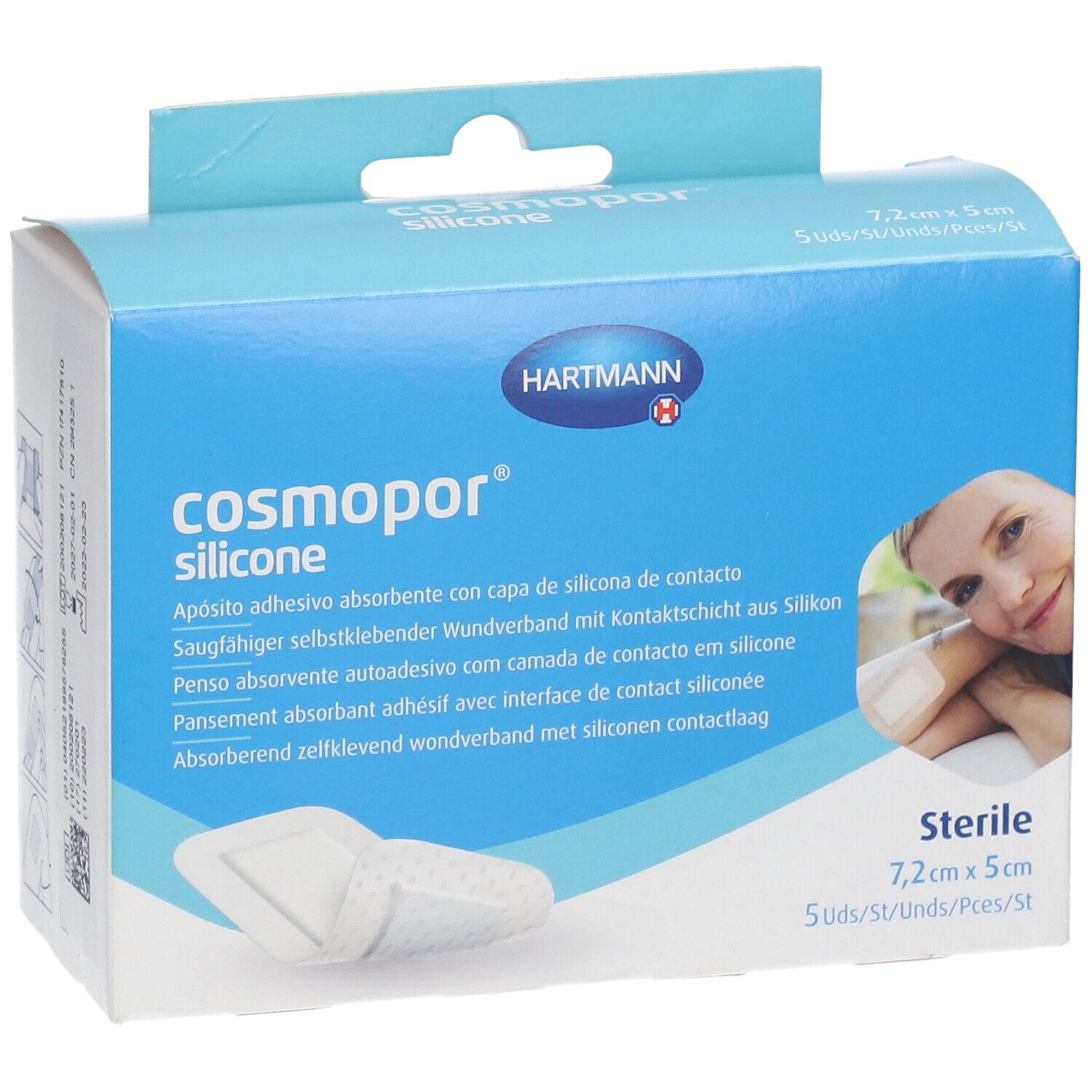 Boîte bleu et blanche de Cosmopor silicone. Contient 5 pansements stériles de 7,2x5cm. Marque Hartmann. Image du produit.