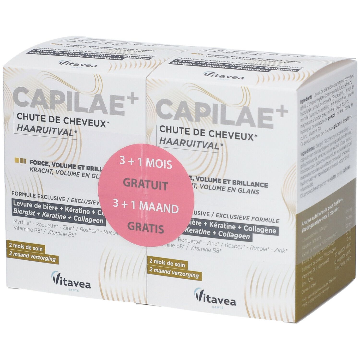 Deux boîtes Capilaé+ avec texte et promotion gratuite. Autocollant rose. Marque Vitae.