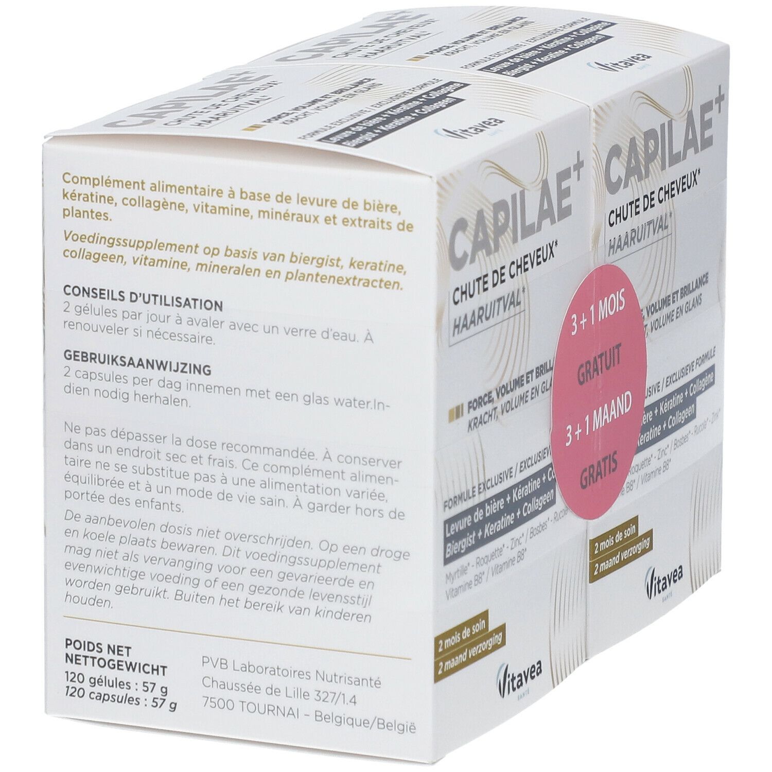 Boîte Capilaé+ avec texte et informations. Marque Vitae. Instructions de dosage.
