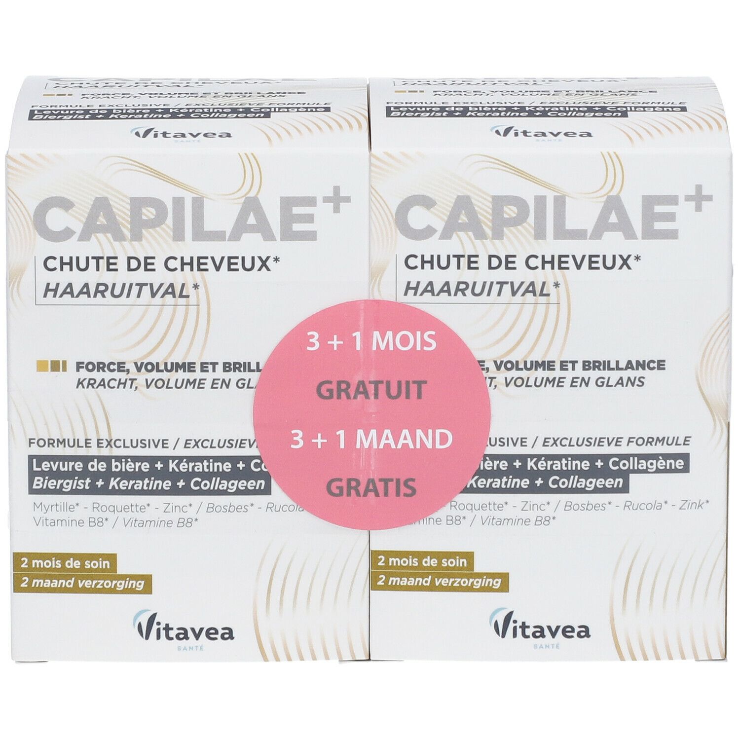 Deux boîtes Capilaé+ avec texte et promotion gratuite. Autocollant rose. Marque Vitae.