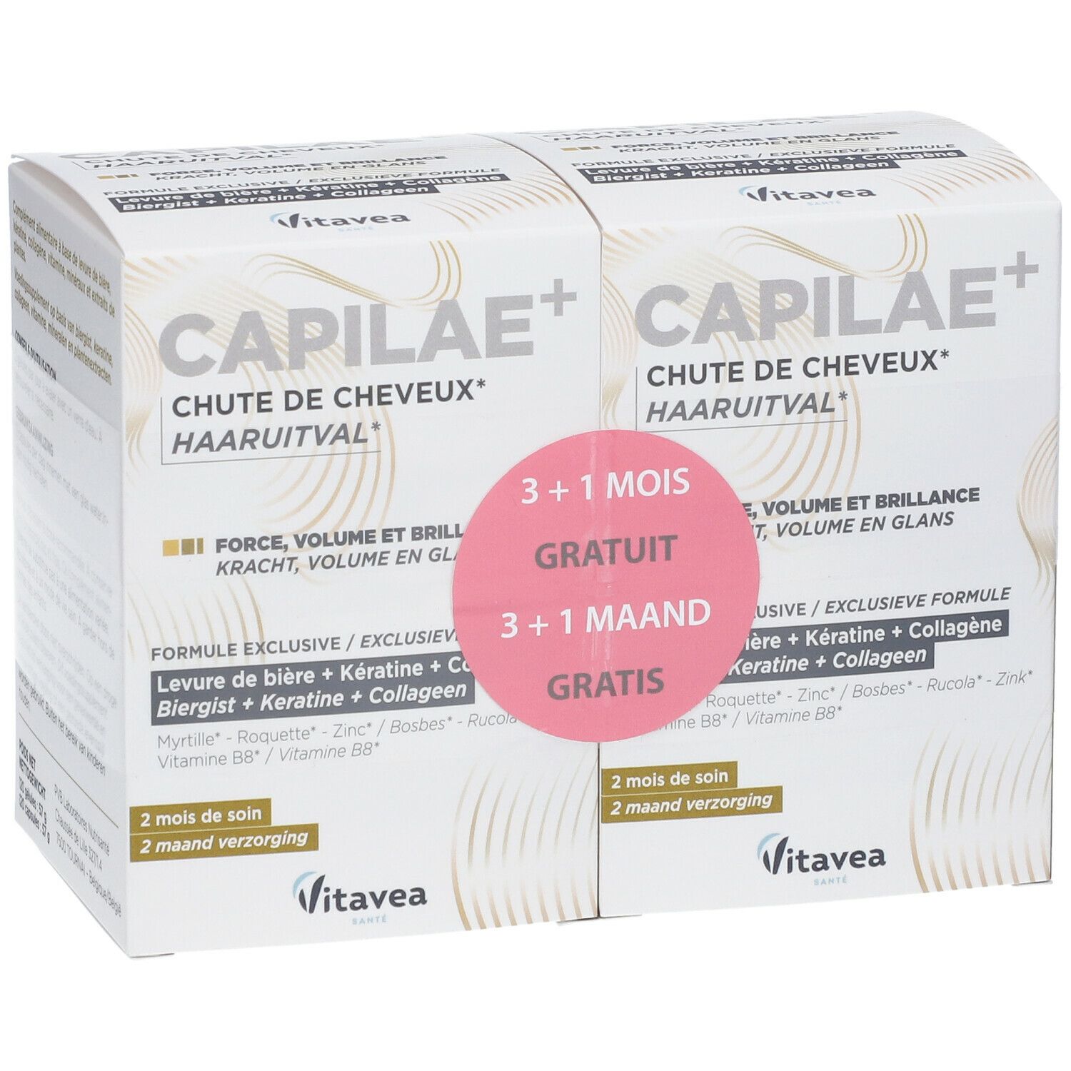 Deux boîtes Capilaé+ avec texte et promotion gratuite. Autocollant rose. Marque Vitae.