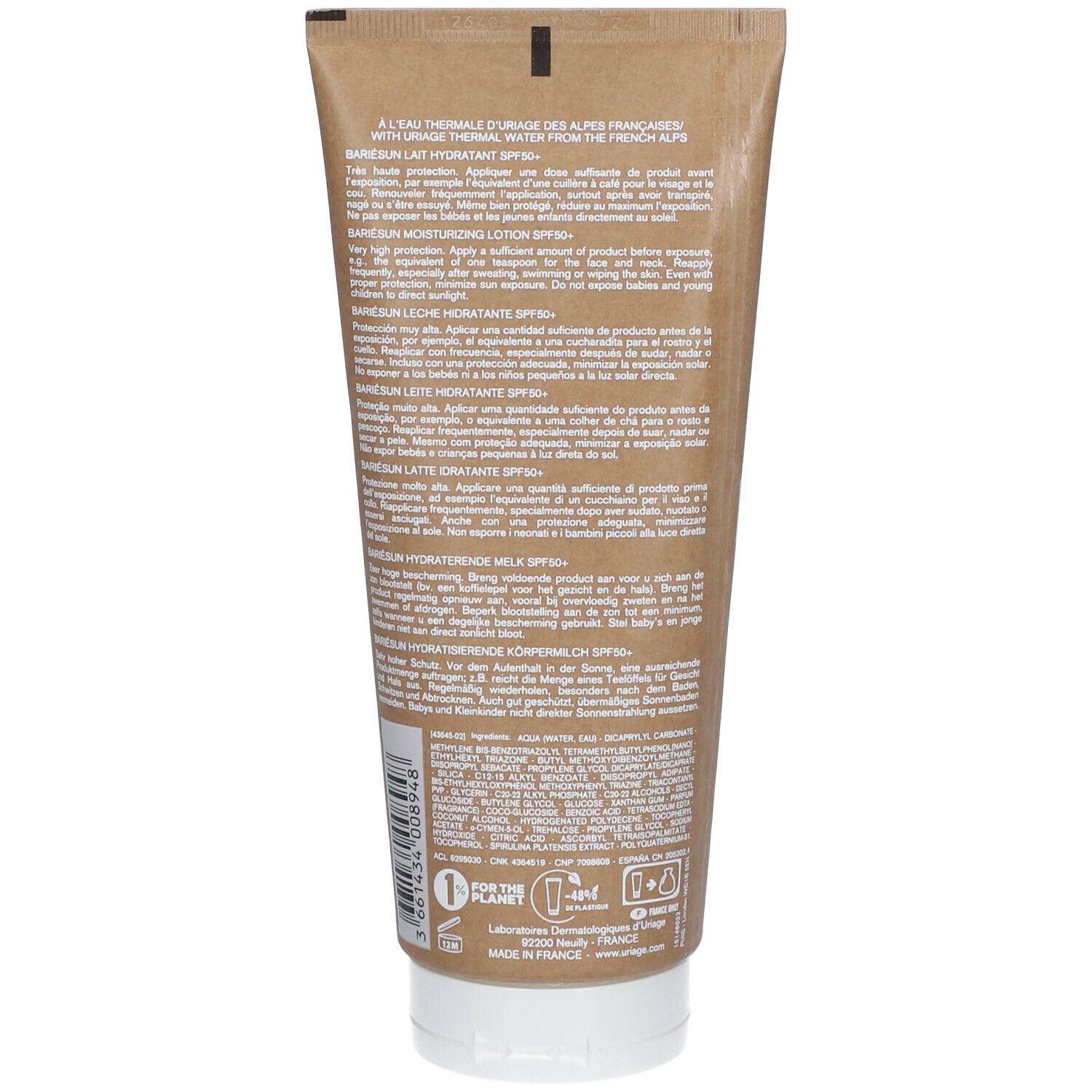 Tube beige avec bouchon blanc. Texte: Bariésun Lait Hydratant SPF50+. Pour la peau.