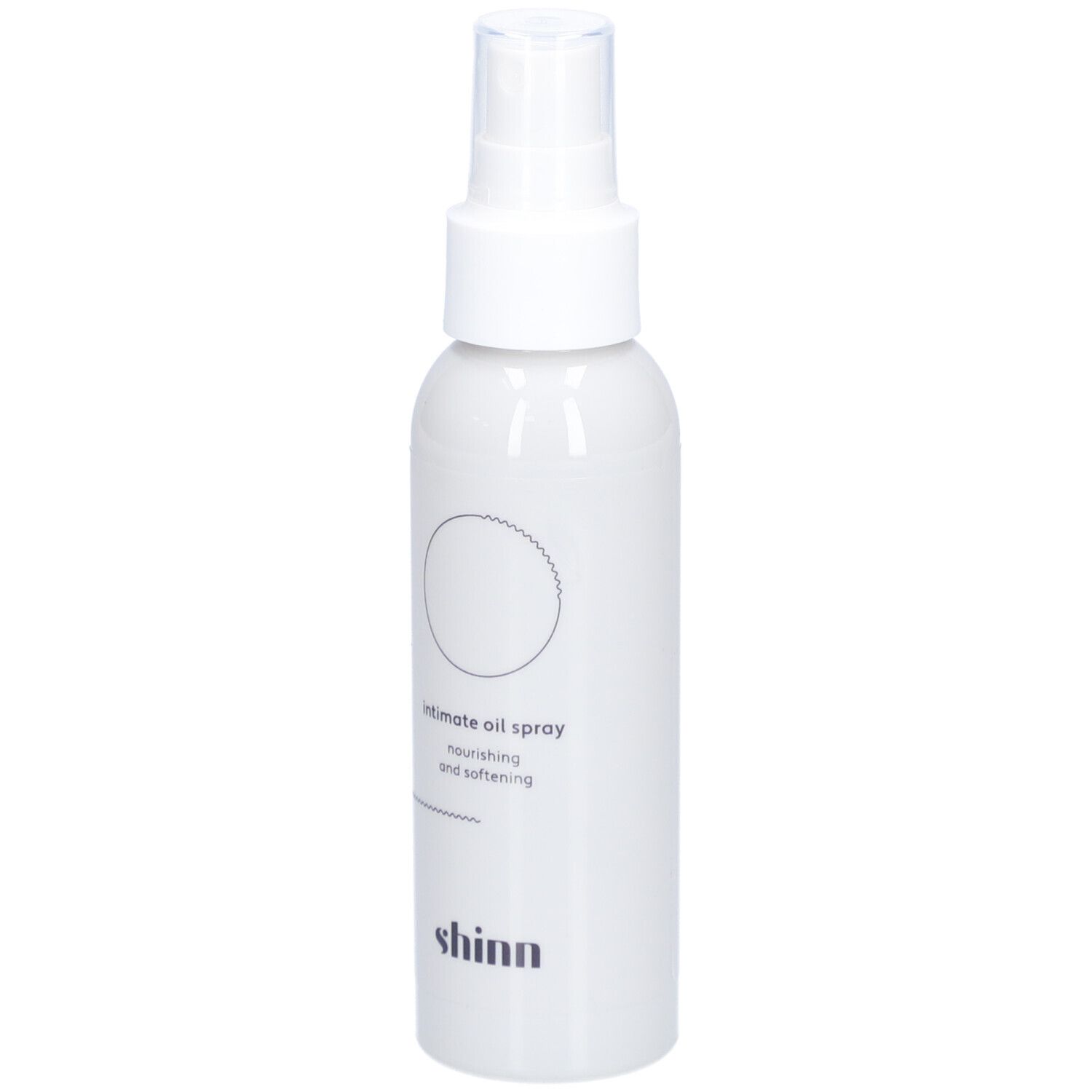 Spray blanc avec tête de pulvérisation. Inscription : intimate oil spray, nourishing and softening. Marque : shinn.