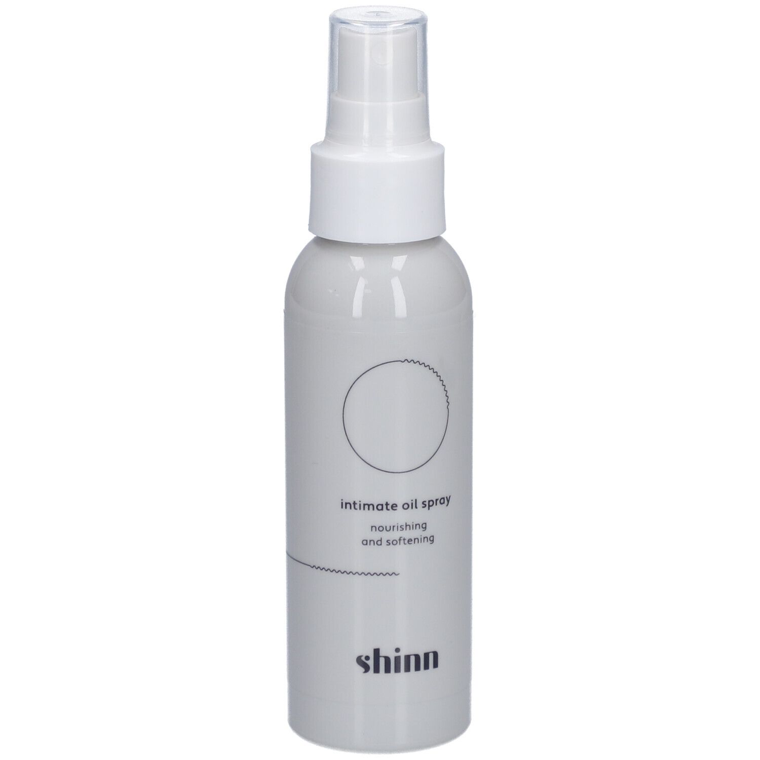 Spray blanc avec tête de pulvérisation. Inscription : intimate oil spray, nourishing and softening. Marque : shinn.