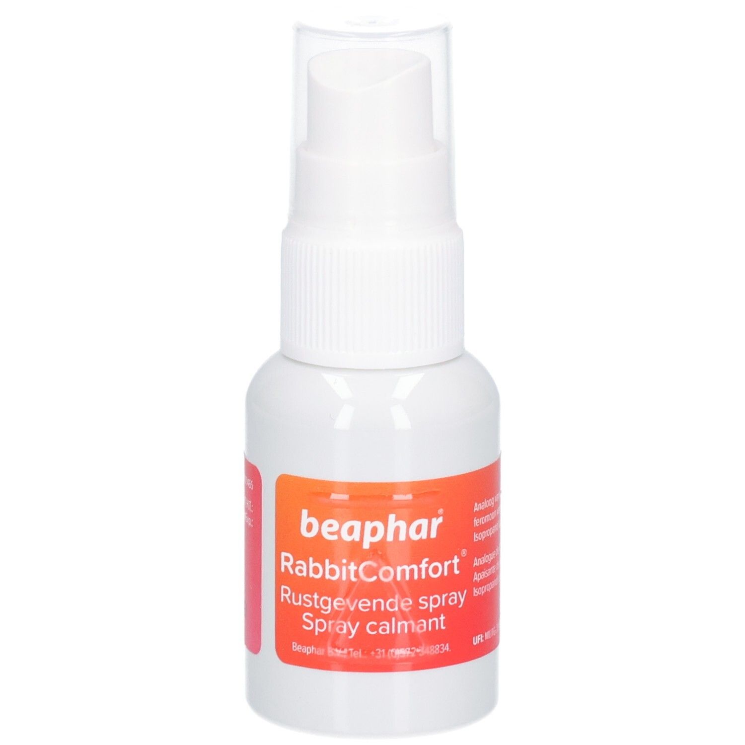 Flacon pulvérisateur blanc avec étiquette orange. Inscription: beaphar RabbitComfort. Spray calmant.