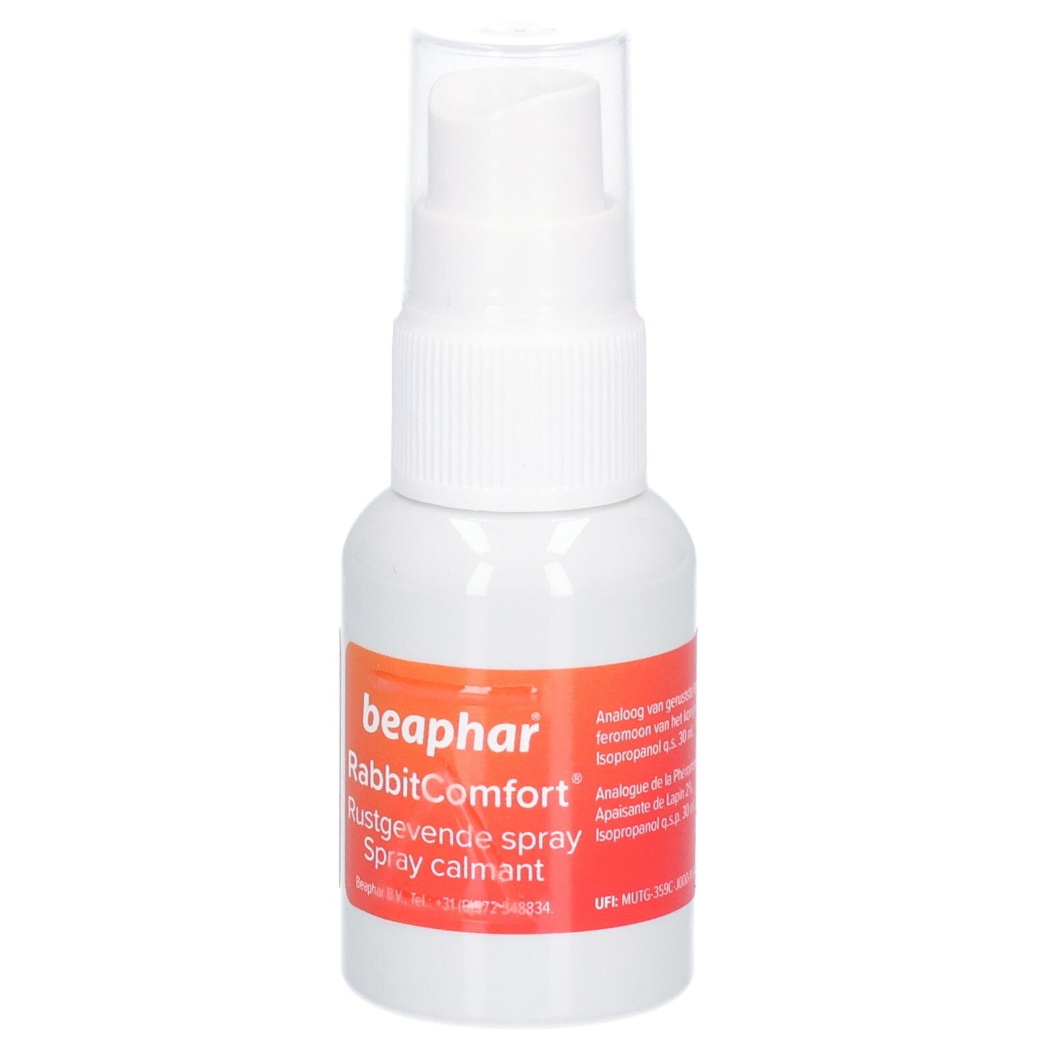 Flacon pulvérisateur blanc avec étiquette orange. Inscription: beaphar RabbitComfort. Spray calmant.