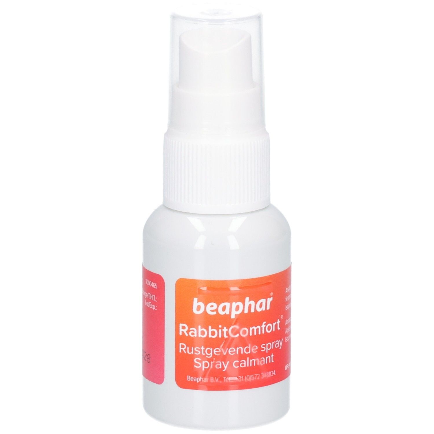 Flacon pulvérisateur blanc avec étiquette orange. Inscription: beaphar RabbitComfort. Spray calmant.