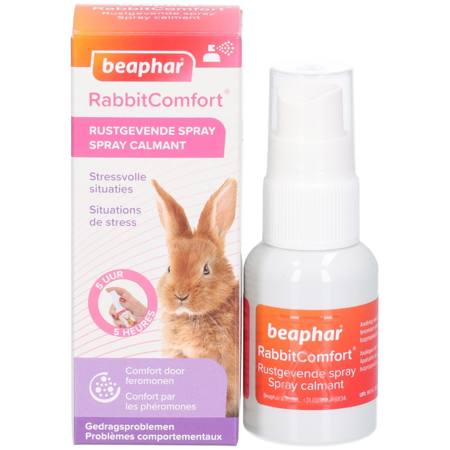 Produit et emballage. Flacon pulvérisateur blanc et boîte. Inscription: beaphar RabbitComfort. Image de lapin.