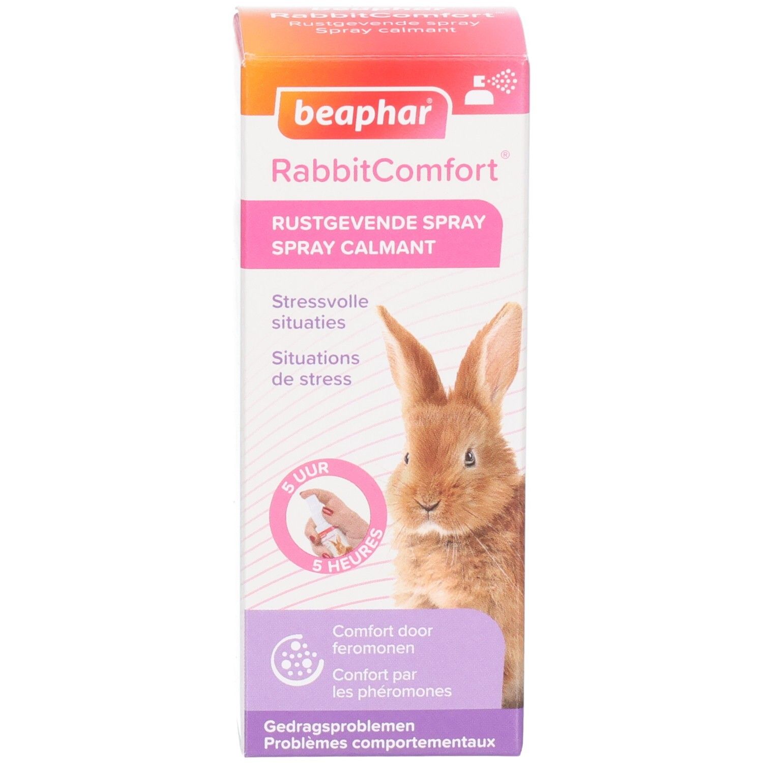 Emballage du produit. Boîte avec inscription: beaphar RabbitComfort. Image de lapin et nom du produit.