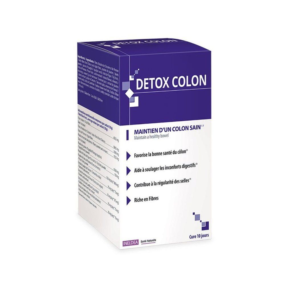 Boîte blanche et verte. Inscription: Detox Colon. Contient 10 sachets. Marque: ISN Ineldea Santé Naturelle.