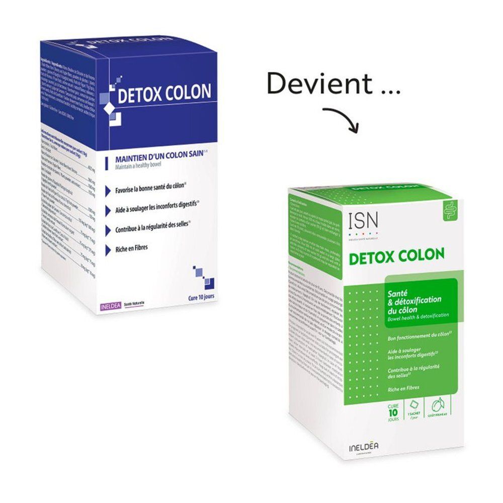 Dos de l'emballage Detox Colon bleu. Contient des informations sur les ingrédients et l'utilisation.