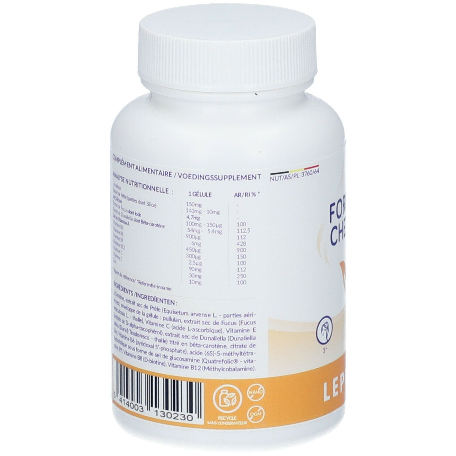 Dos du flacon blanc. Contient des informations sur les ingrédients et les valeurs nutritionnelles. Code-barres et informations du fabricant également visibles.