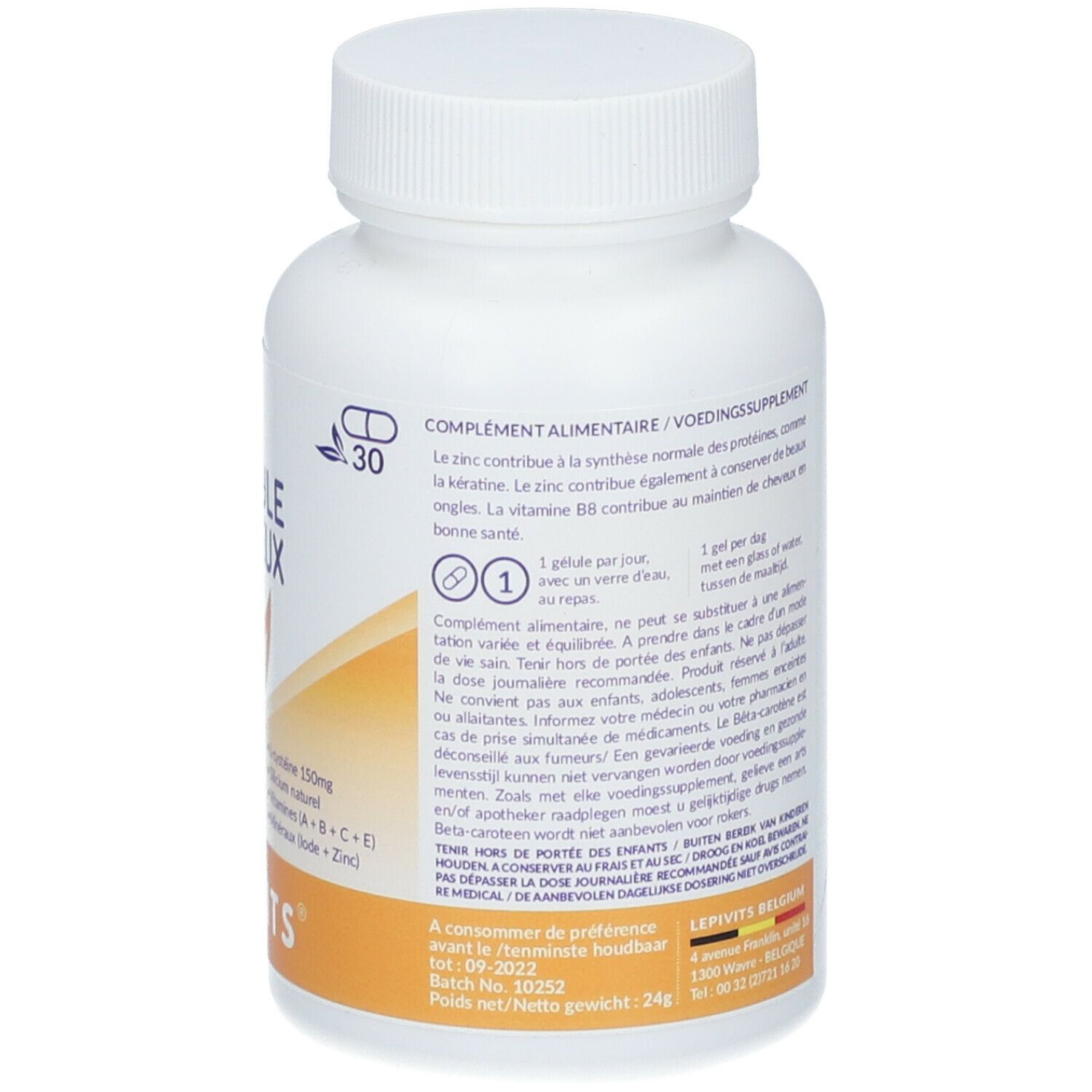 Dos du flacon blanc. Contient des informations sur les ingrédients et les valeurs nutritionnelles. Code-barres et informations du fabricant également visibles.