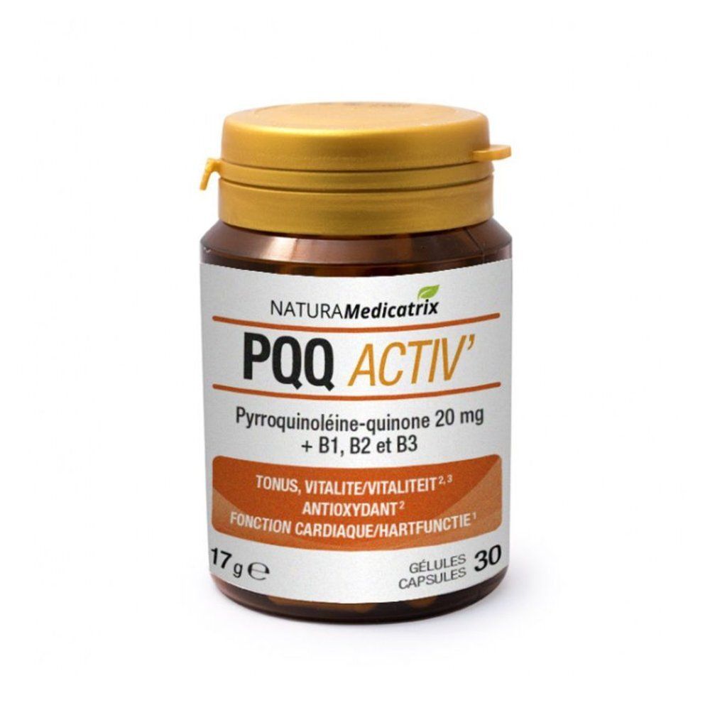 Flacon en verre brun avec couvercle doré. Étiquette PQQ ACTIV'. Contient 30 gélules.