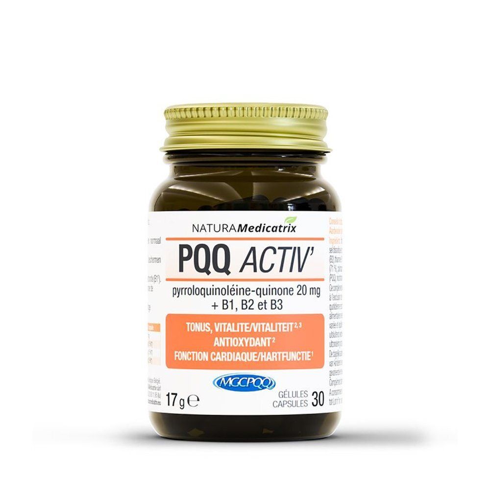 Flacon en verre brun avec couvercle doré. Étiquette PQQ ACTIV'. Contient 30 gélules.
