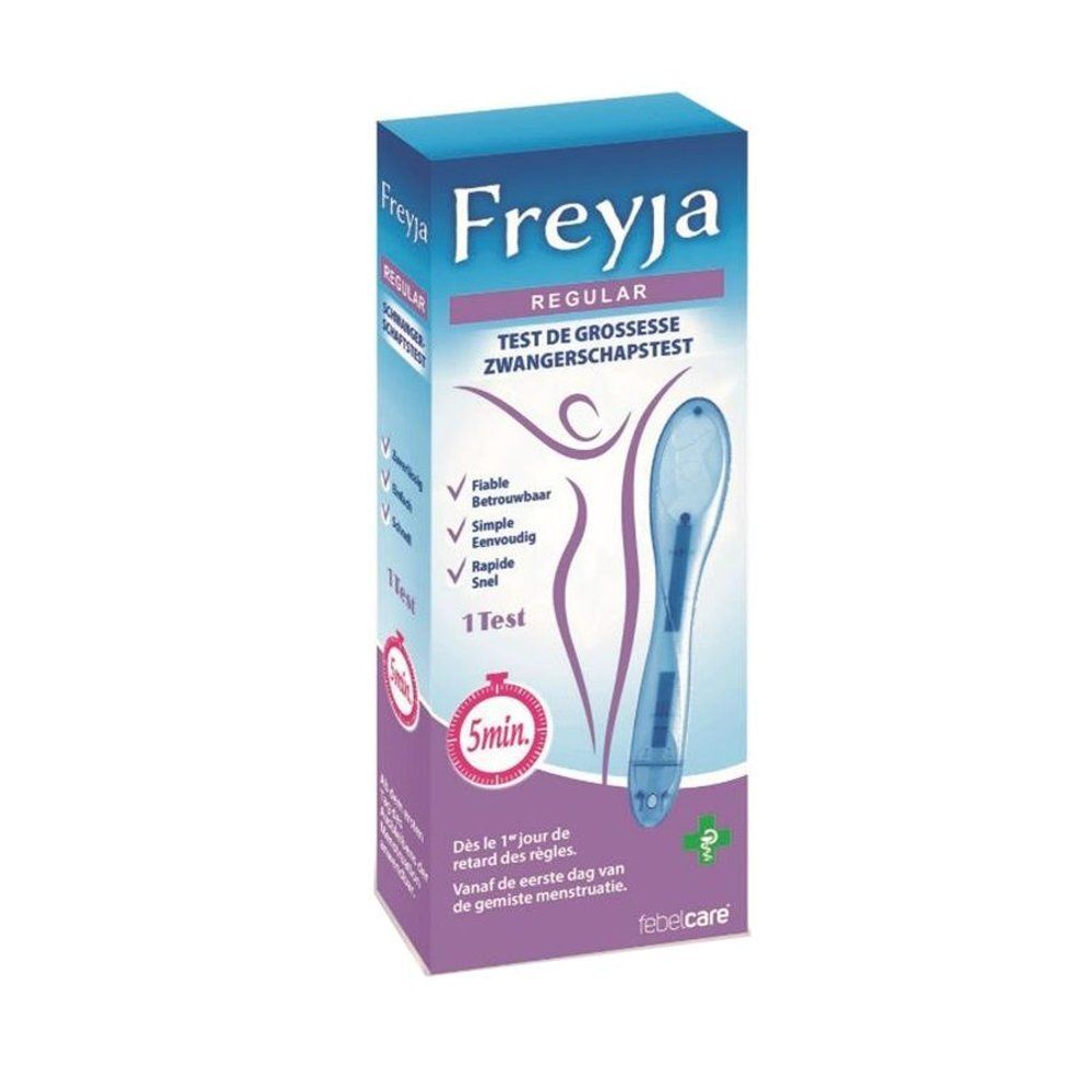 Boîte de test de grossesse Freyja Regular. Boîte bleue et blanche avec nom du produit et symbole de test. 1 test.