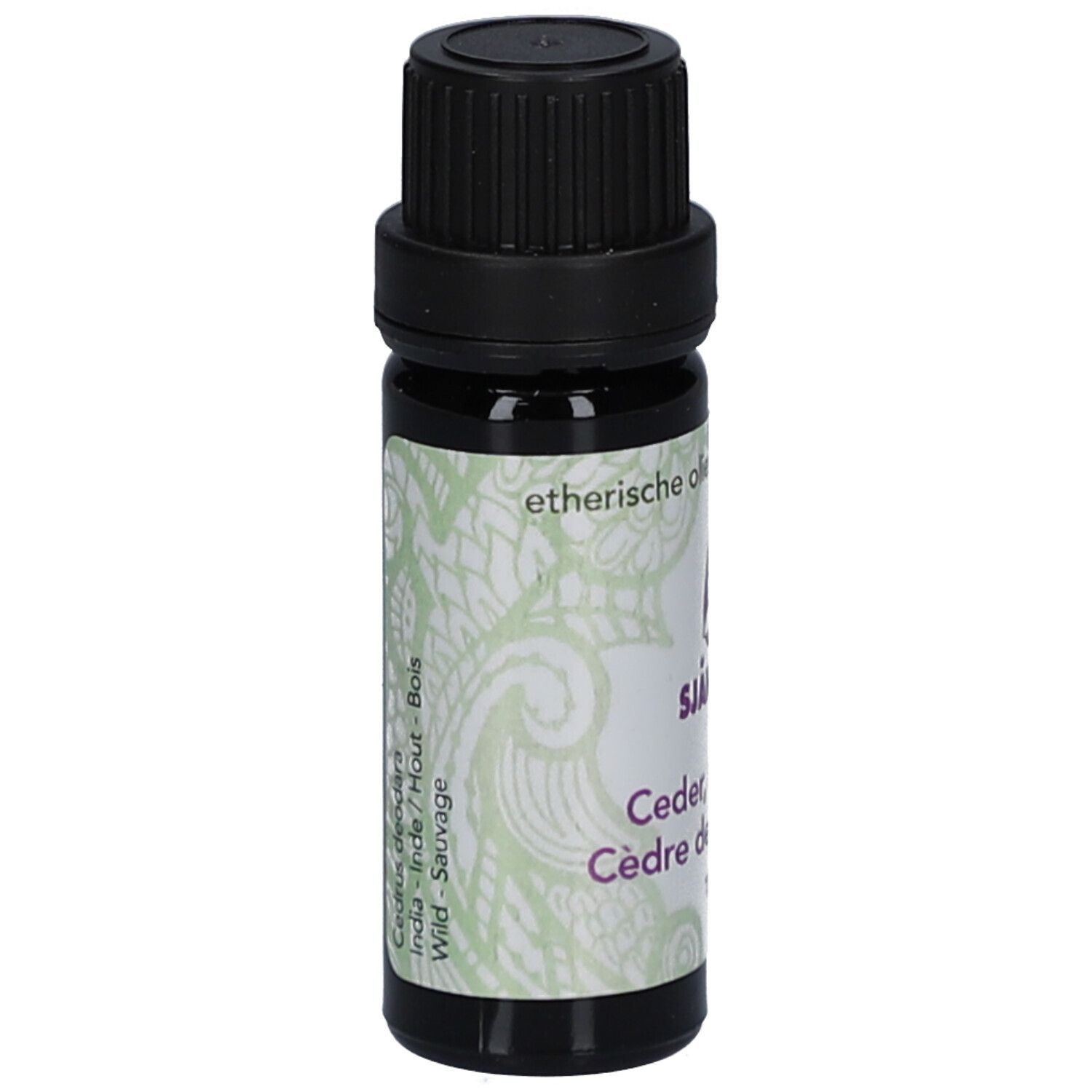 Flacon en verre brun avec bouchon noir. Étiquette avec informations produit et logo.