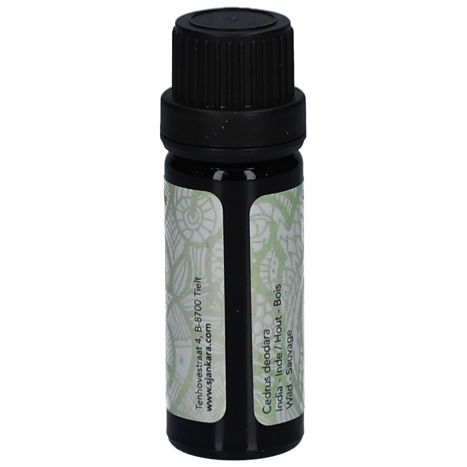 Flacon en verre brun avec bouchon noir. Étiquette avec informations produit et logo.