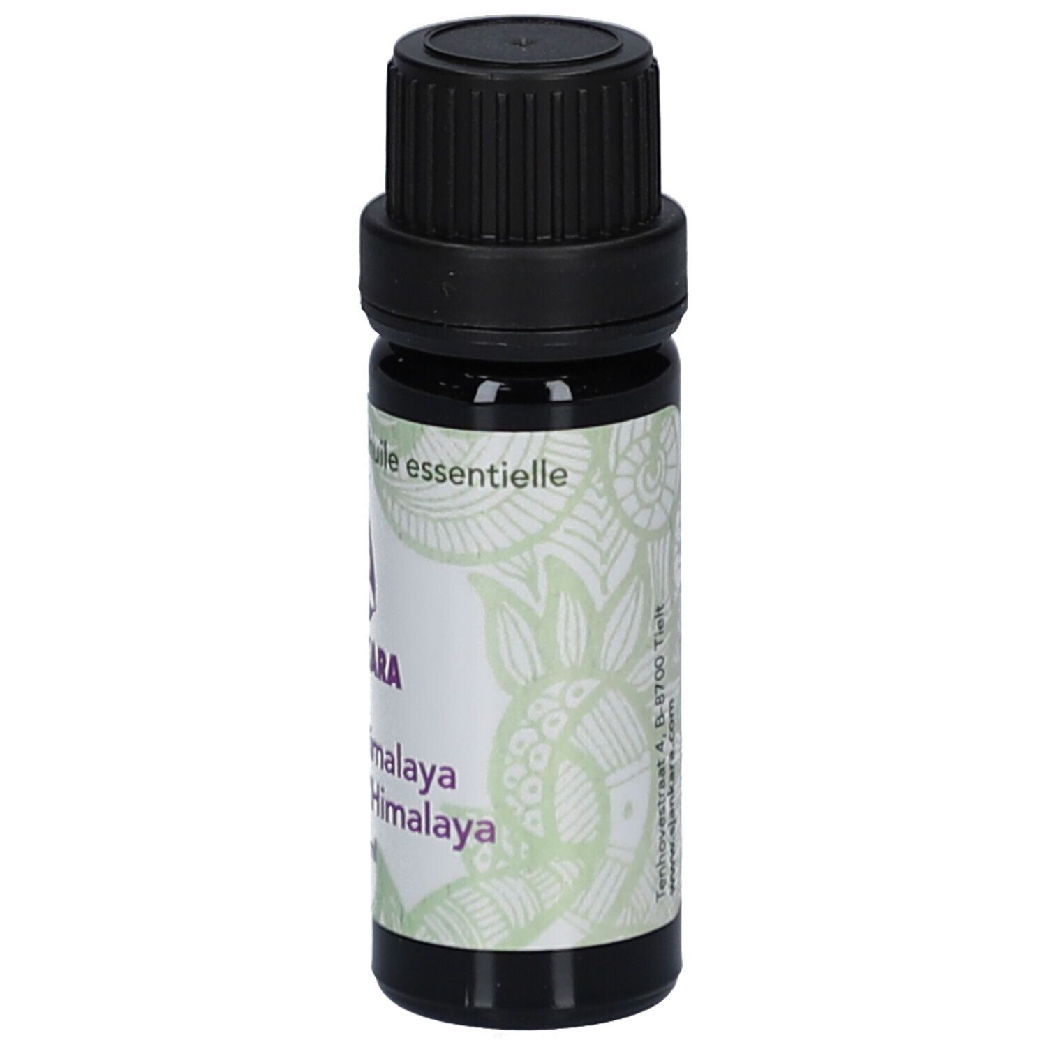 Flacon en verre brun avec bouchon noir. Étiquette avec nom et logo du produit.