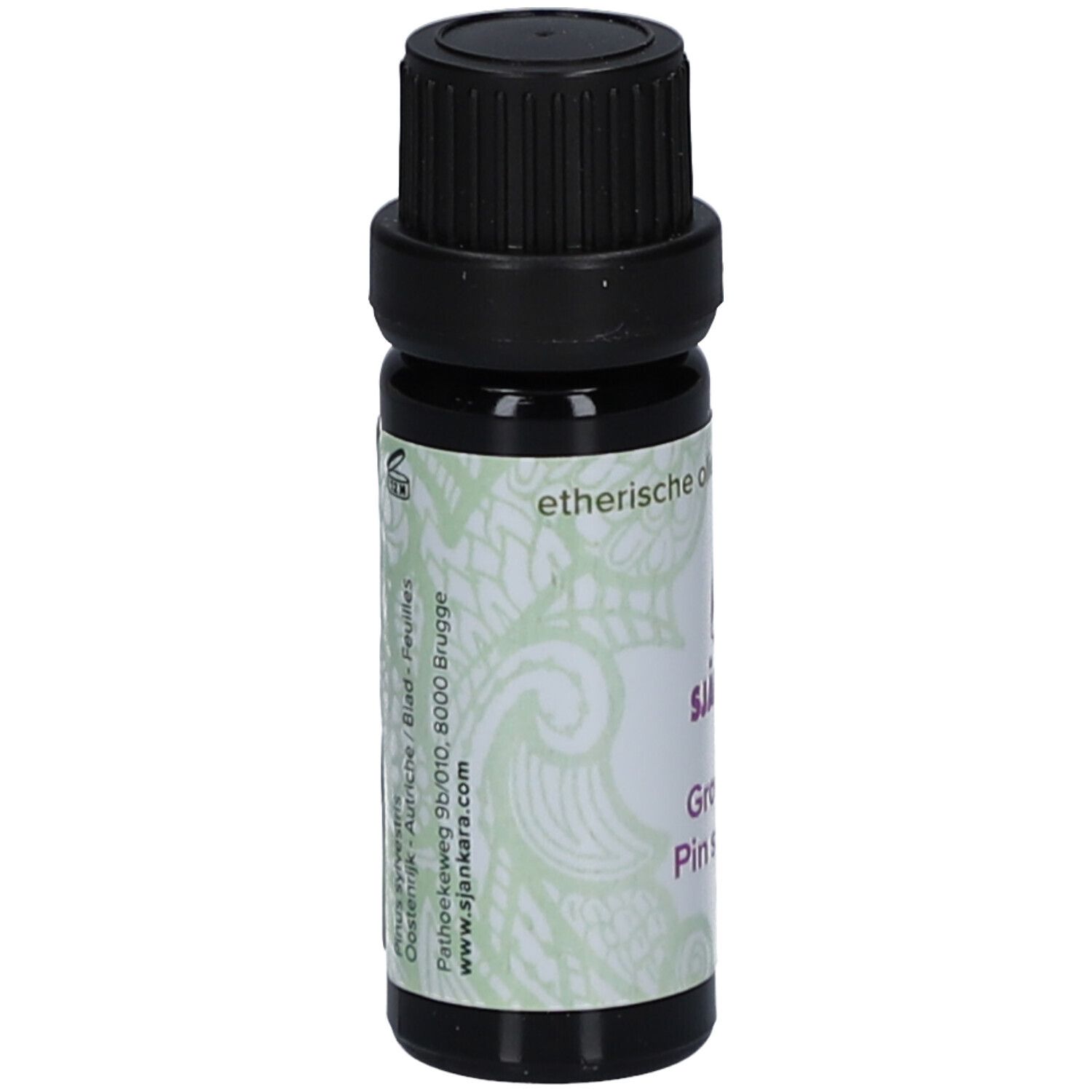 Flacon en verre brun avec bouchon noir. Étiquette avec informations produit et logo.