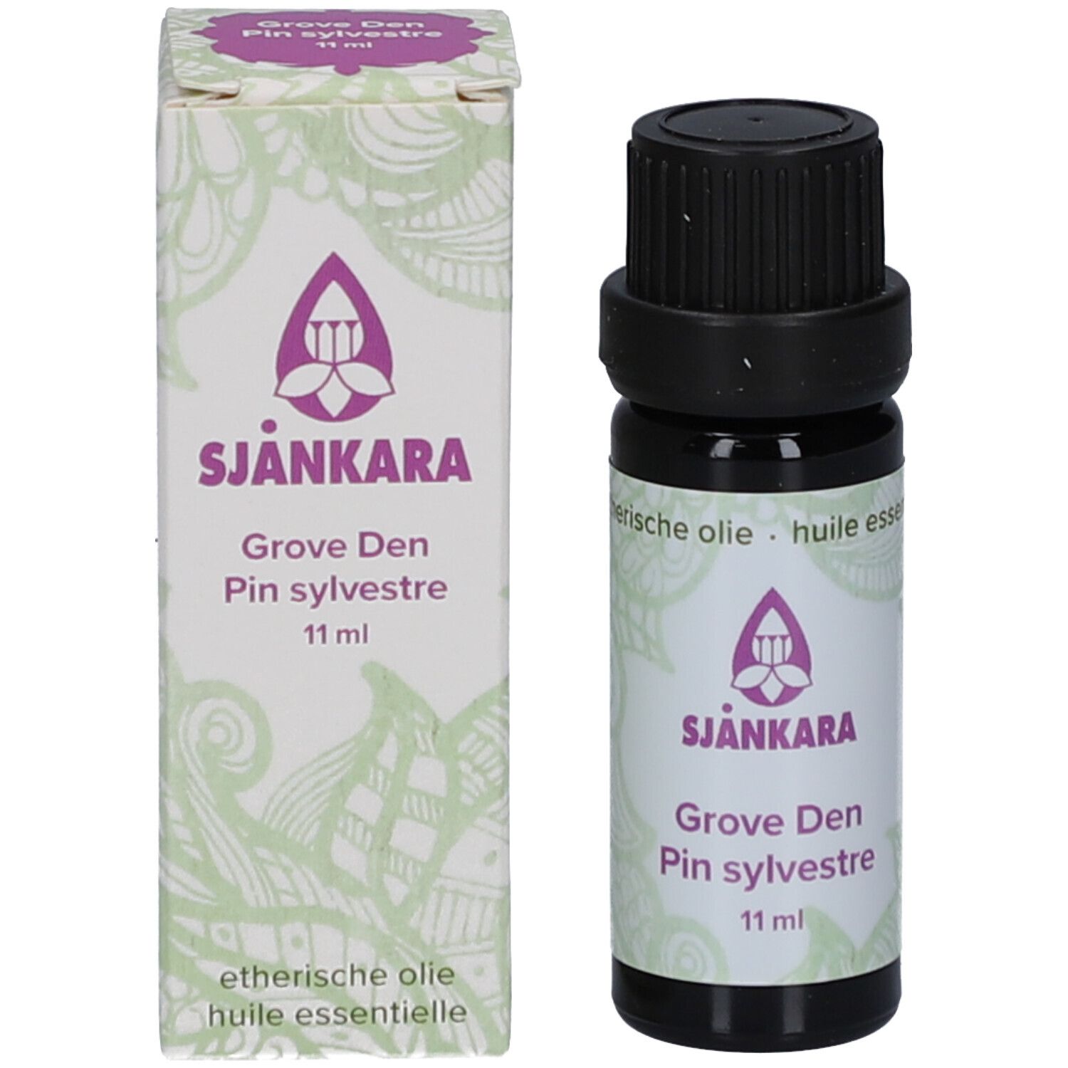 Flacon en verre brun et emballage. Flacon avec étiquette. Emballage avec logo et nom du produit. 11 ml.