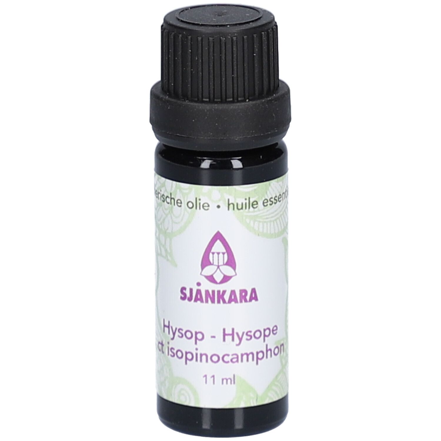 Flacon en verre brun avec bouchon noir. Étiquette avec nom du produit et logo. 11 ml.